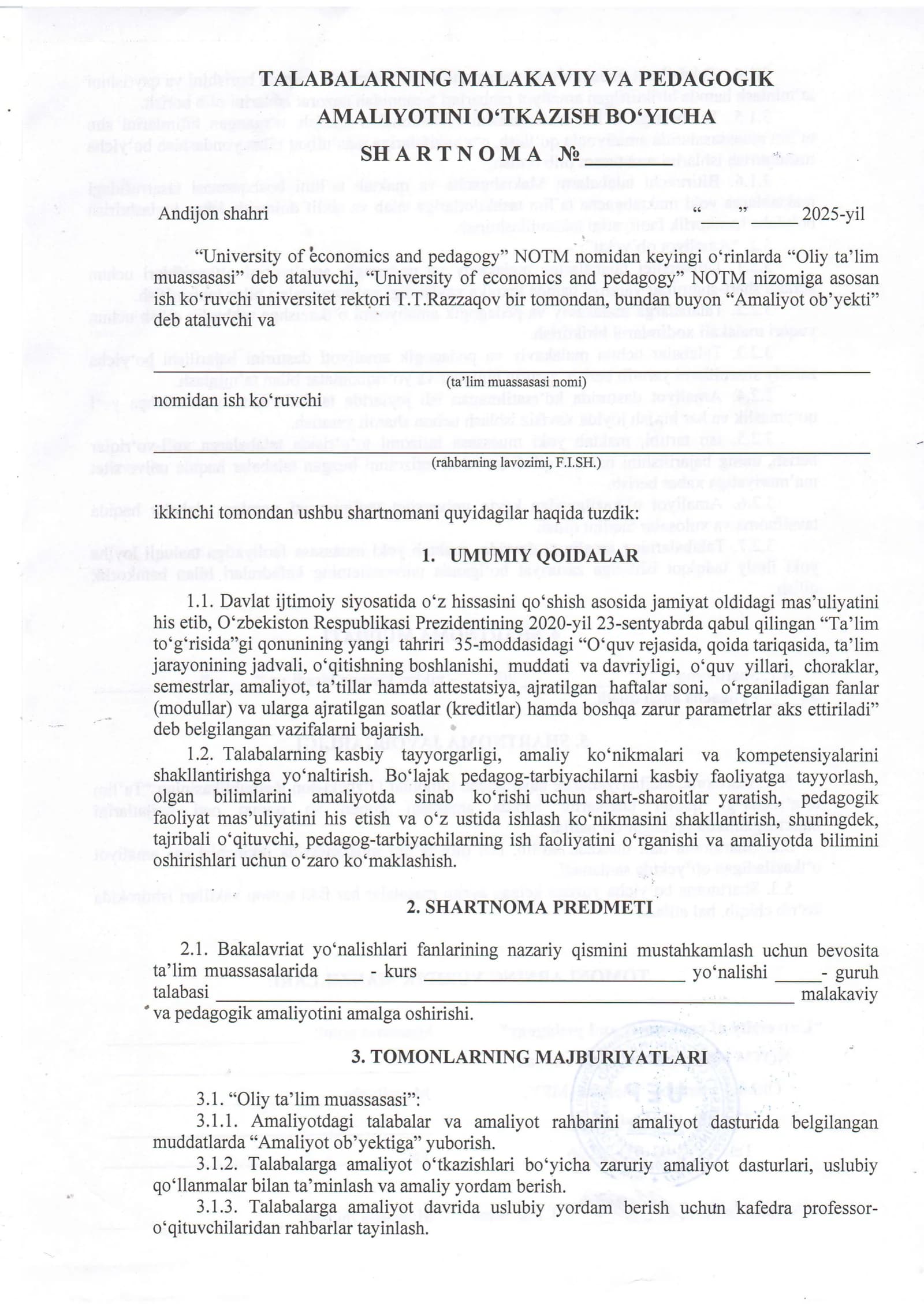 AMALIYOTINI O'TKAZISH VA PEDAGOGIK BO'YICHA