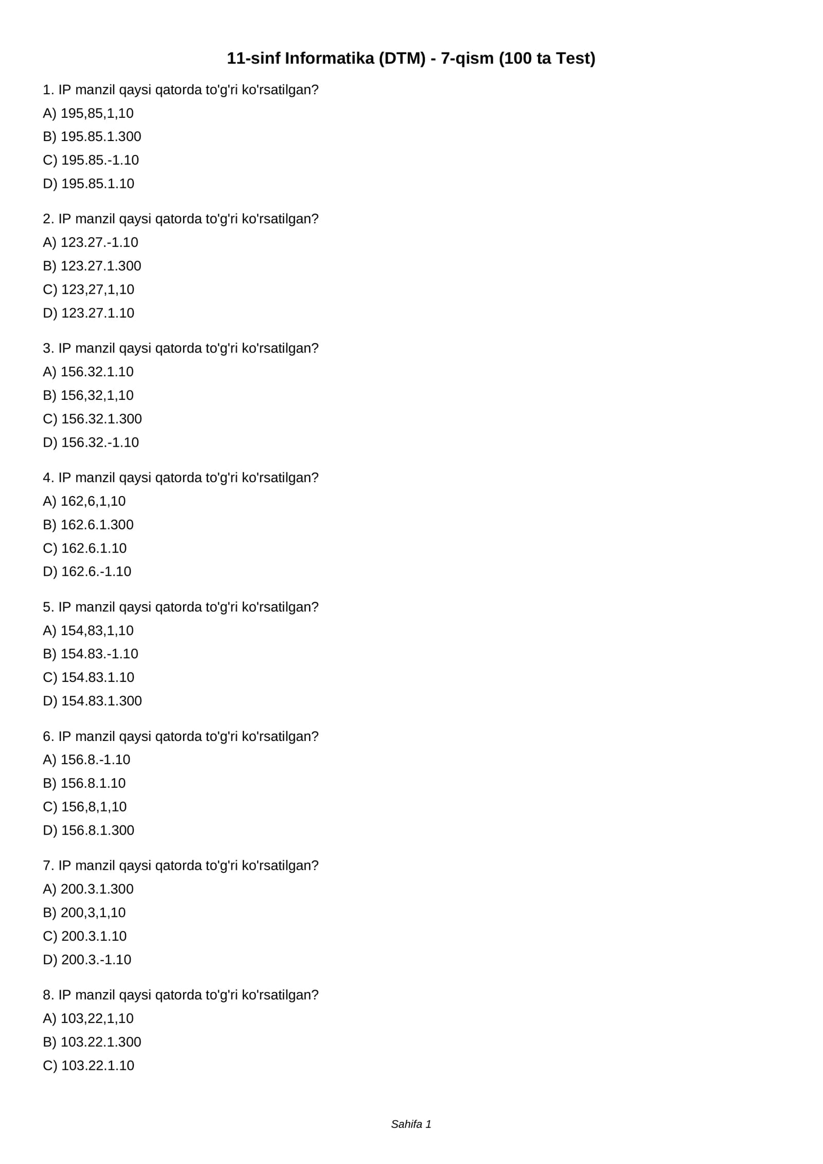 11-sinf Informatika (DTM) - 7-qism (100 ta Test)