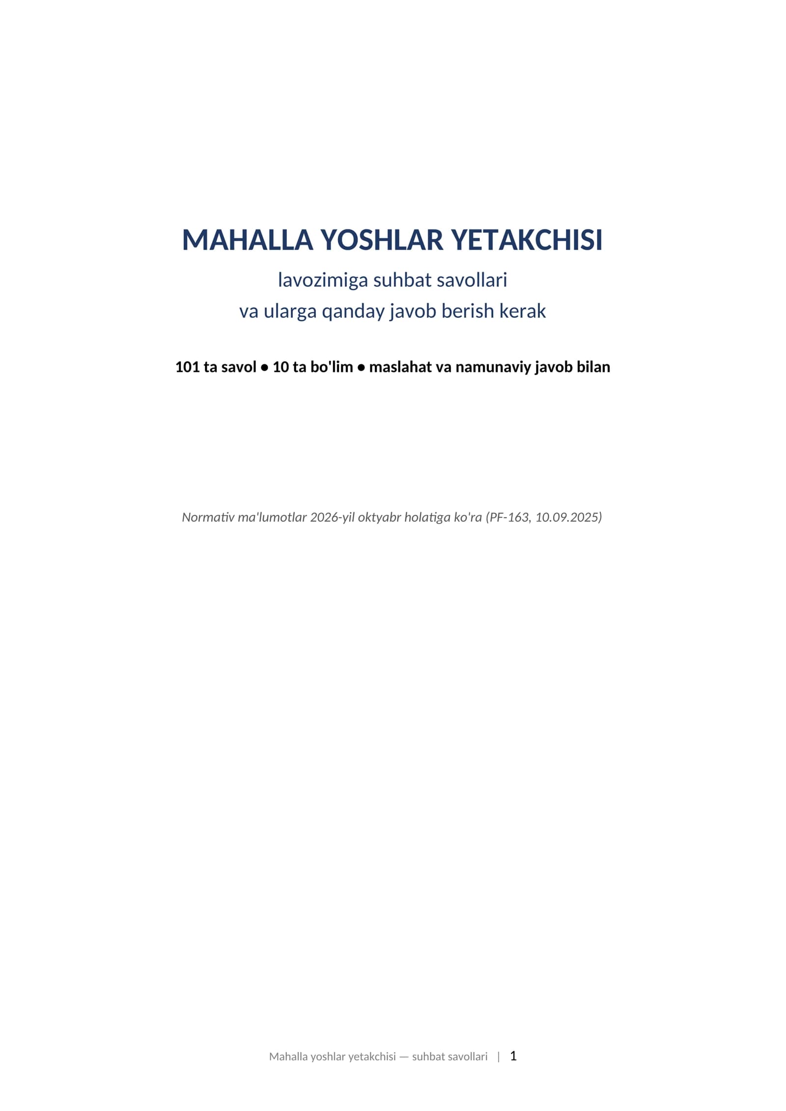 Mahalla yoshlar yetakchisi suhbati savollariga javoblar 2026y - 101 ta savol