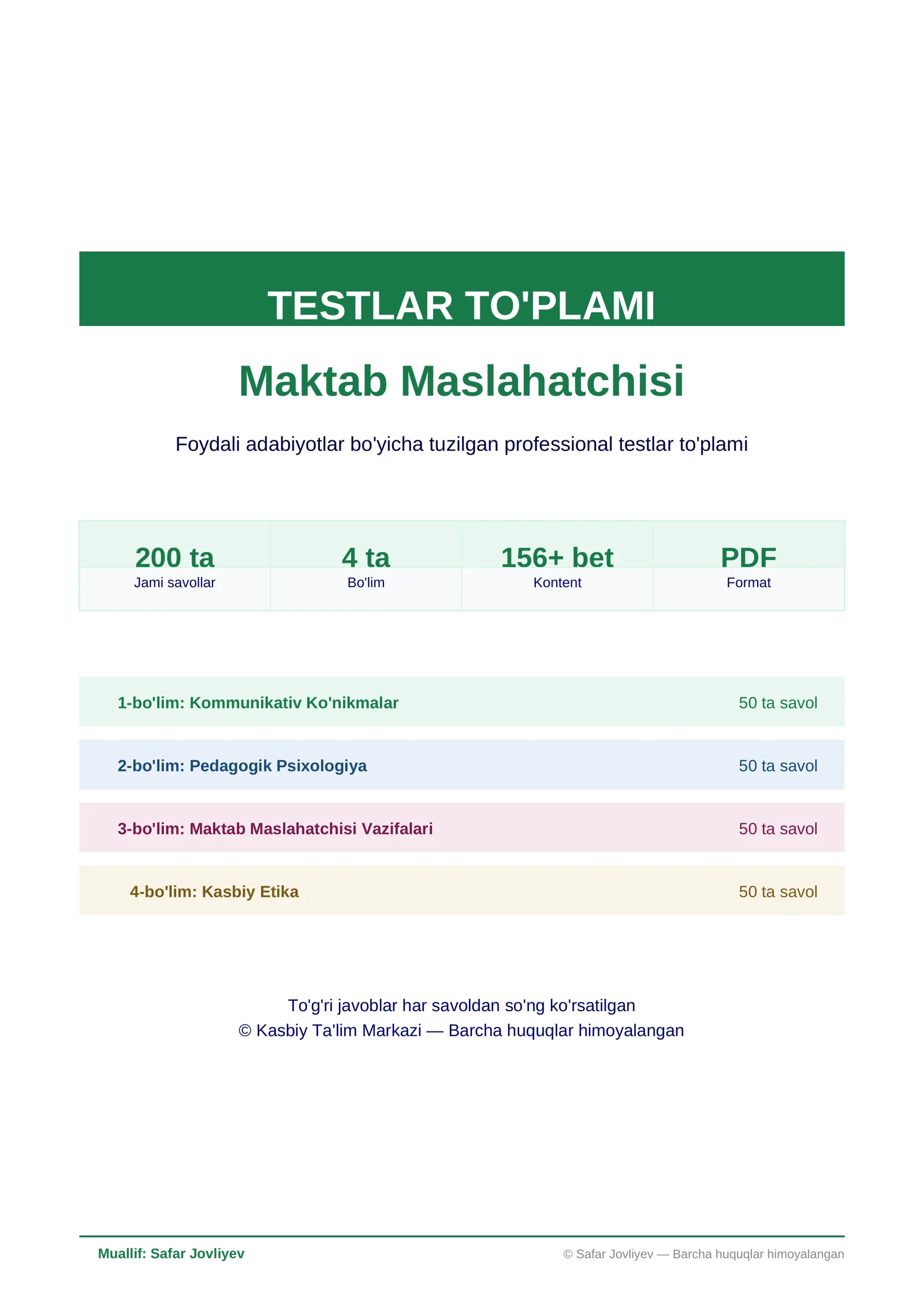Testlar To'plami - Maktab Maslahatchisi"Yangi to'plam 2026 Mart