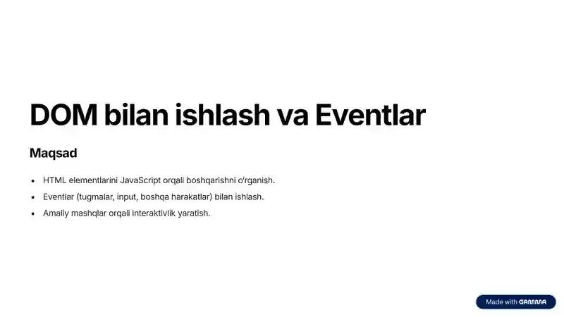 JavaScriptda DOM bilan ishlash va Eventlar