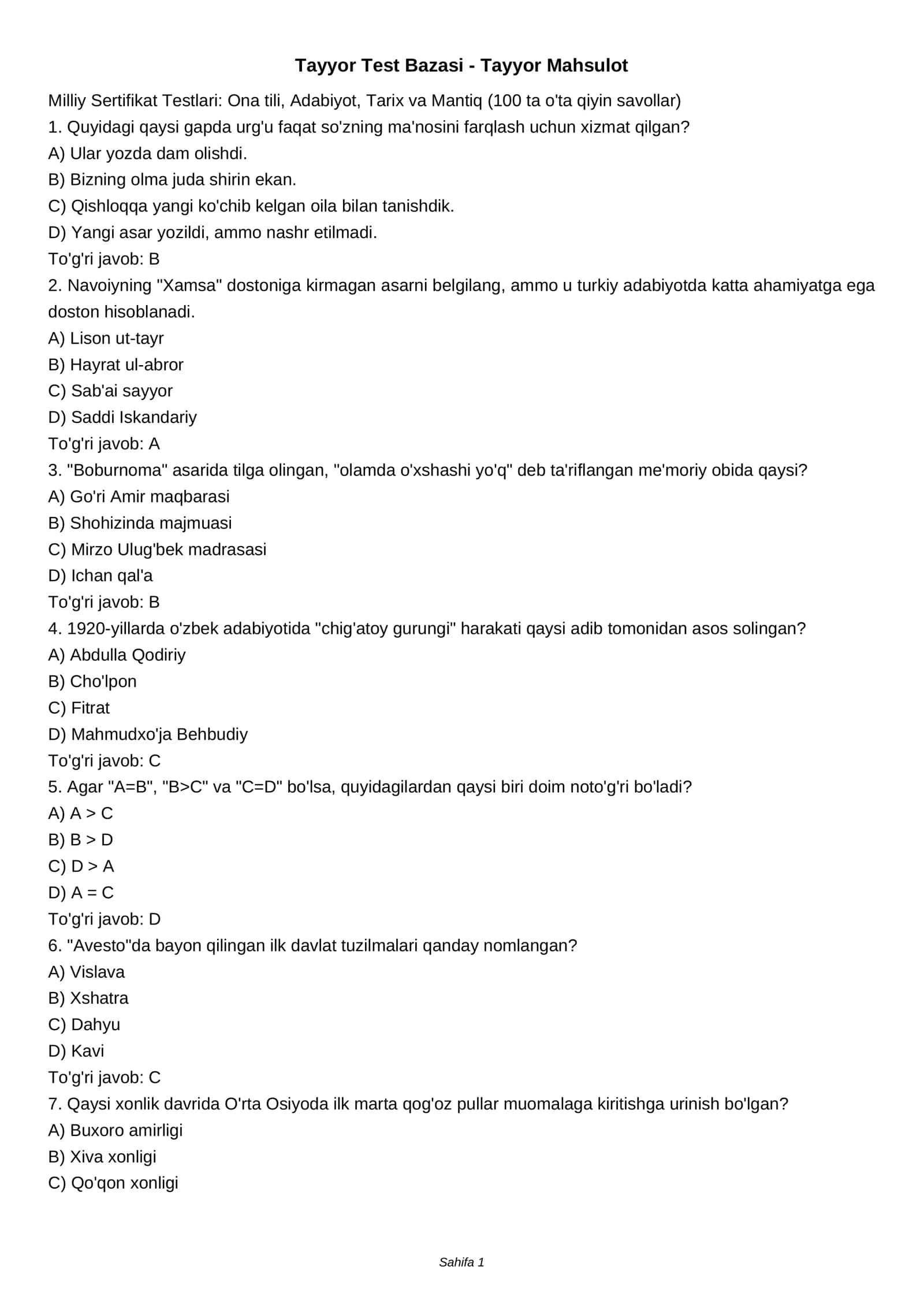 Tayyor Test Bazasi - Tayyor Mahsulot