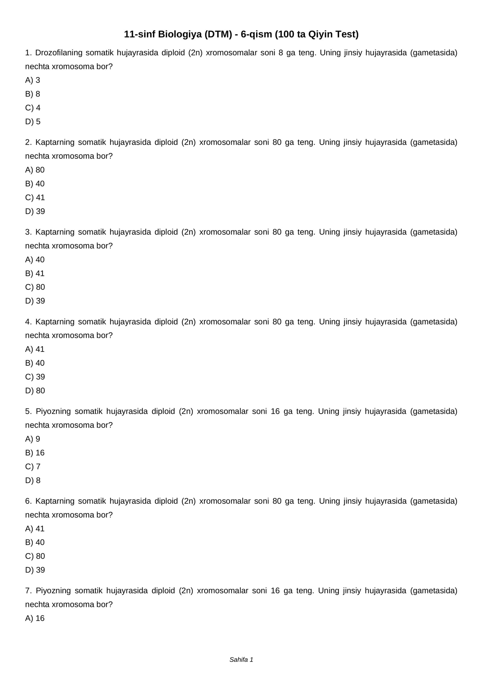 11-sinf Biologiya (DTM) - 6-qism (100 ta Qiyin Test)