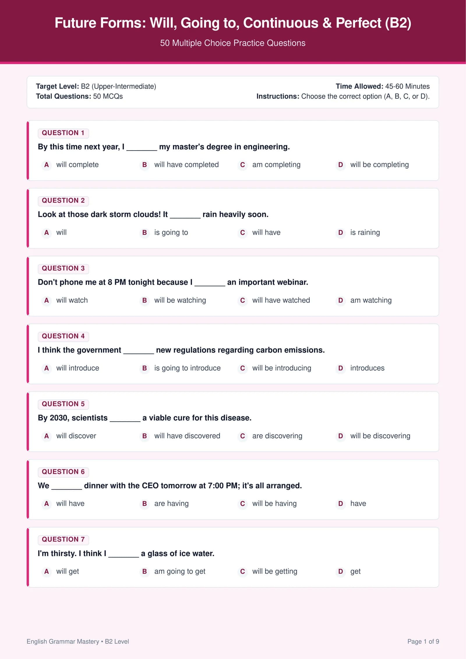 Future Forms (Will, Going to, Continuous & Perfect) (B2 Level) — 50 Ta Test