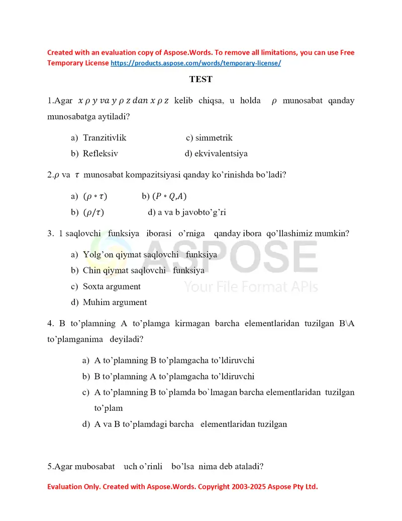 Diskret matematikadan testlar