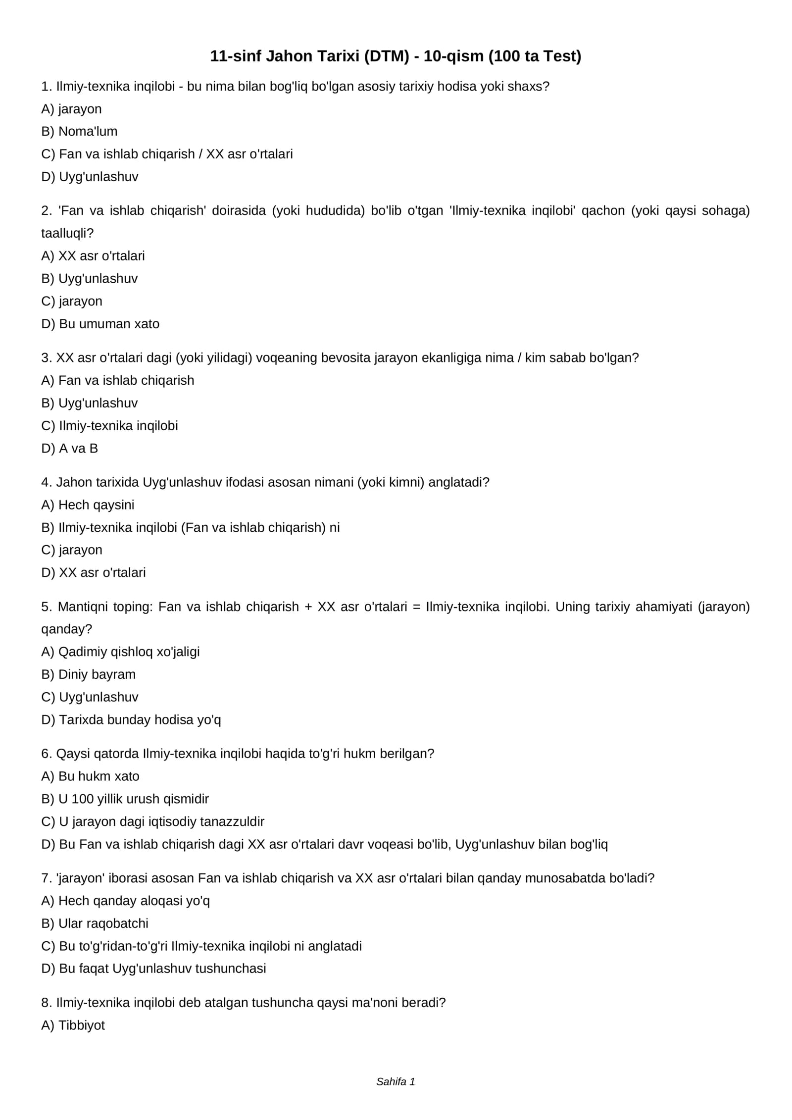 11-sinf Jahon Tarixi (DTM) - 10-qism (100 ta Test)