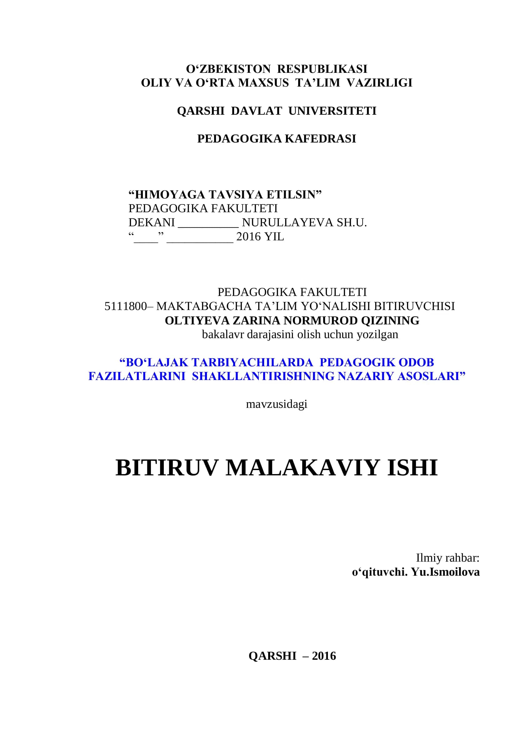 MAKTABGACHA TA’LIM YO‘NALISHI BITIRUVCHISI