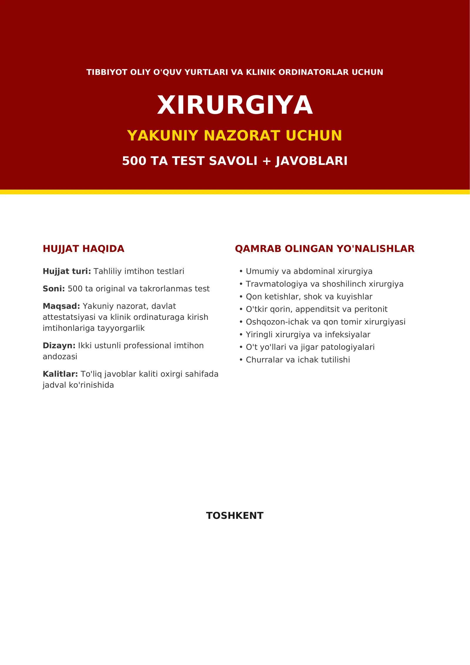 Xirurgiya — yakuniy nazorat uchun 500 ta test savoli + javoblari