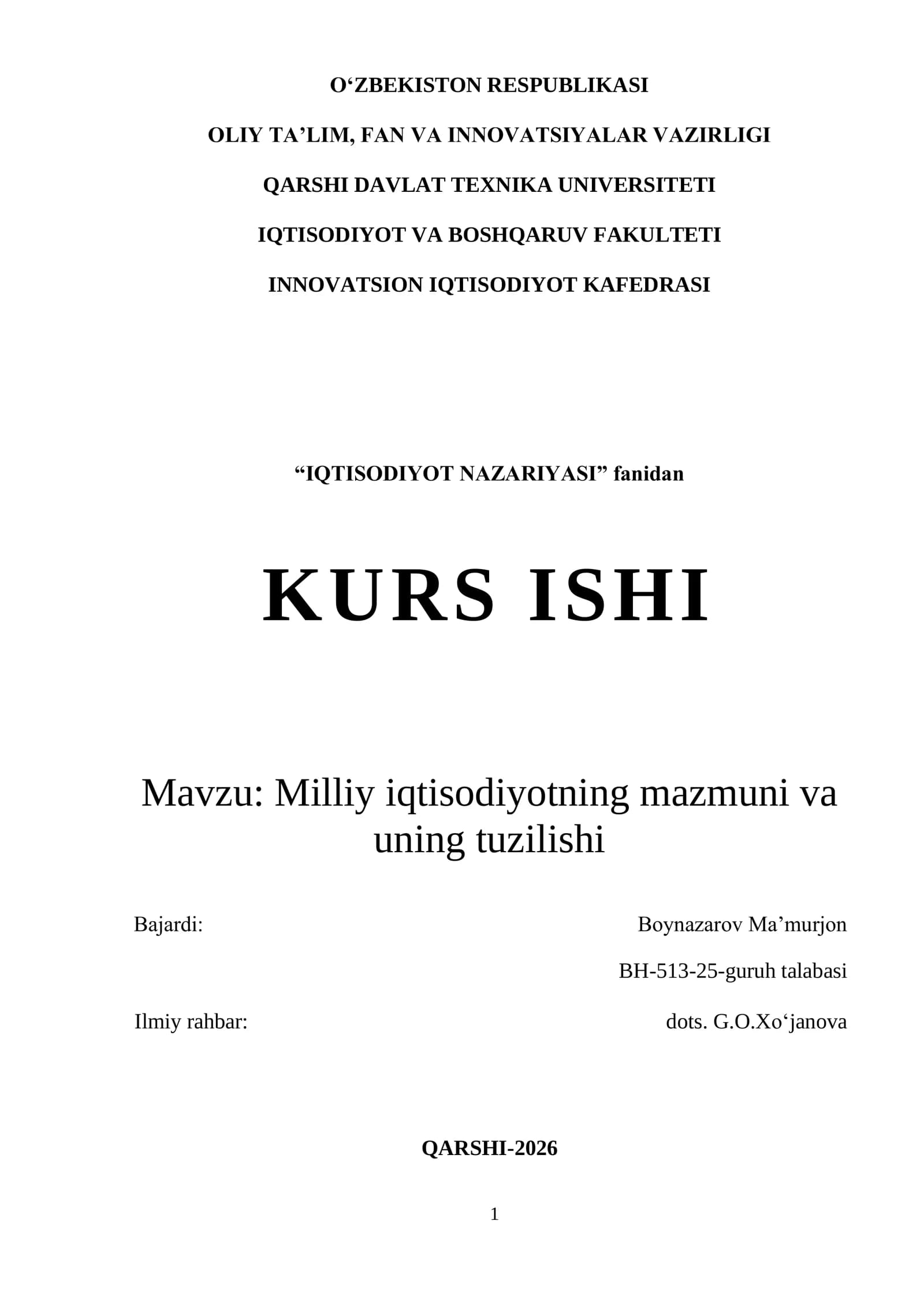 Milliy iqtisodiyotning mazmuni va uning tuzilishi
