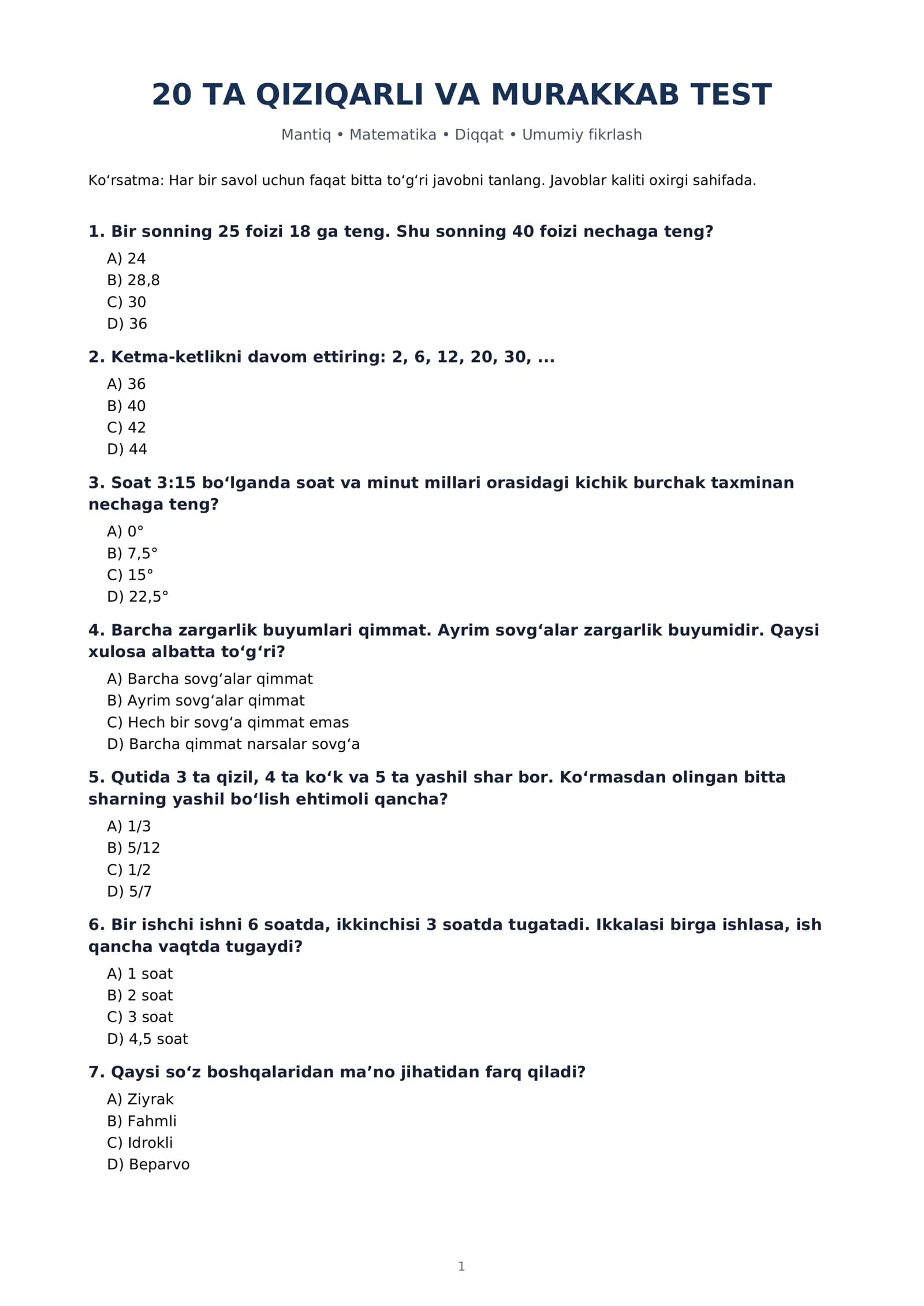 20 ta qiziqarli va murakkab mantiqiy test — PDF