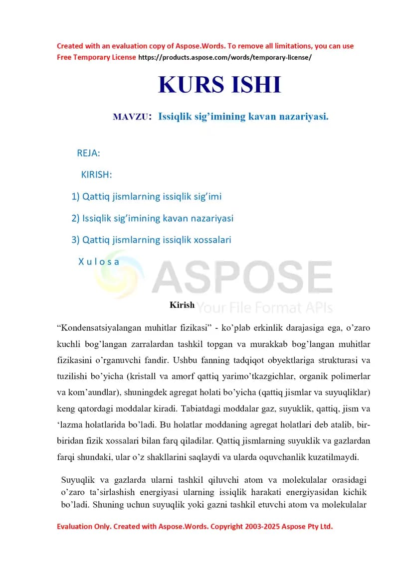 Issiqlik sig’imining kavan nazariyasi.