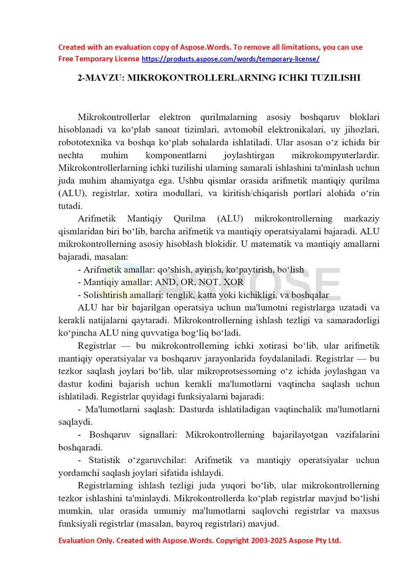 Mikrokontrollerlarning ichki tuzilishi