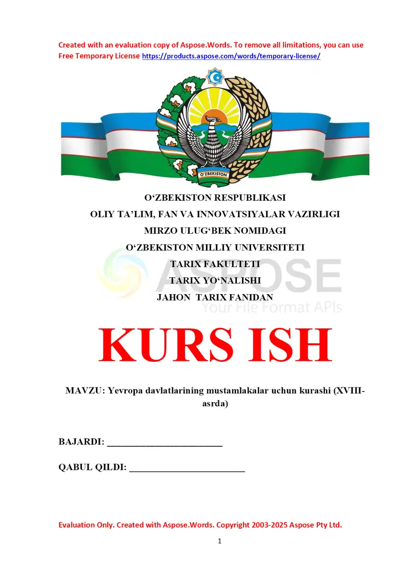 Yevropa davlatlarining mustamlakalar uchun kurashi (XVIII- asrda)