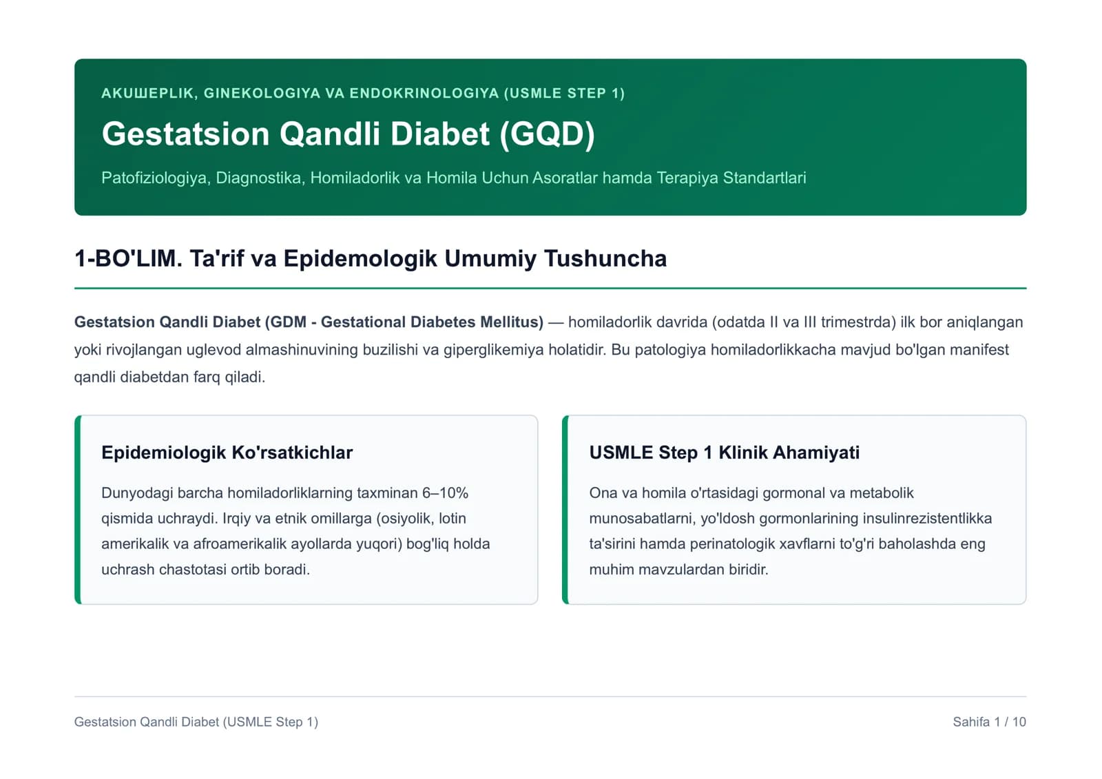 Gestatsion Qandli Diabet (USMLE STEP 1)