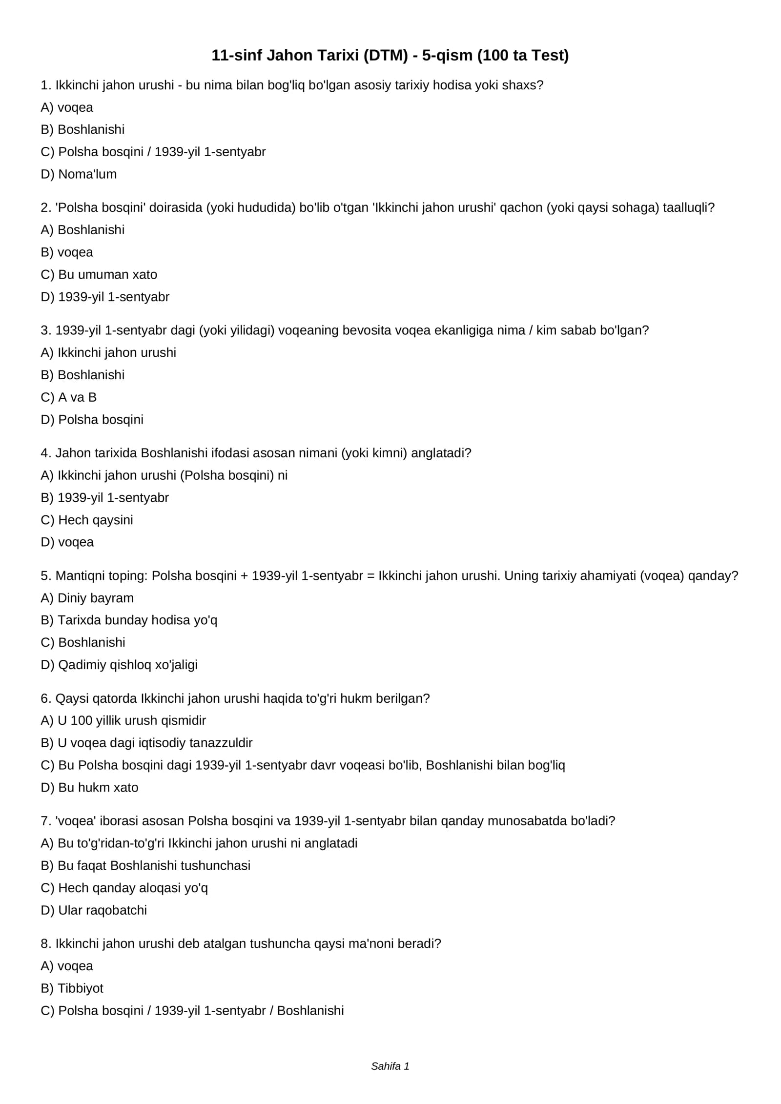 11-sinf Jahon Tarixi (DTM) - 5-qism (100 ta Test)