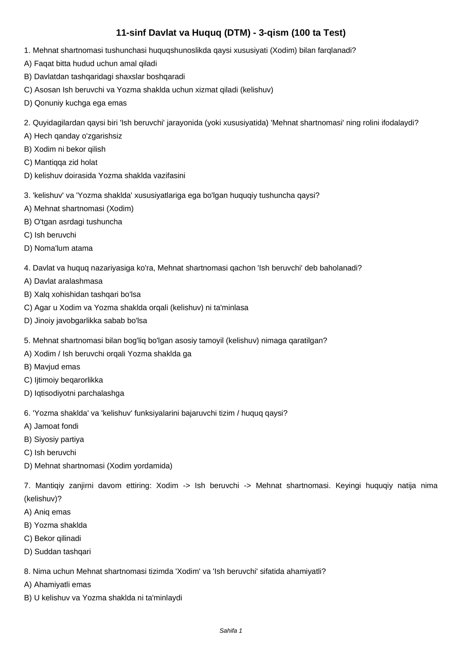 11-sinf Davlat va Huquq (DTM) - 3-qism (100 ta Test)