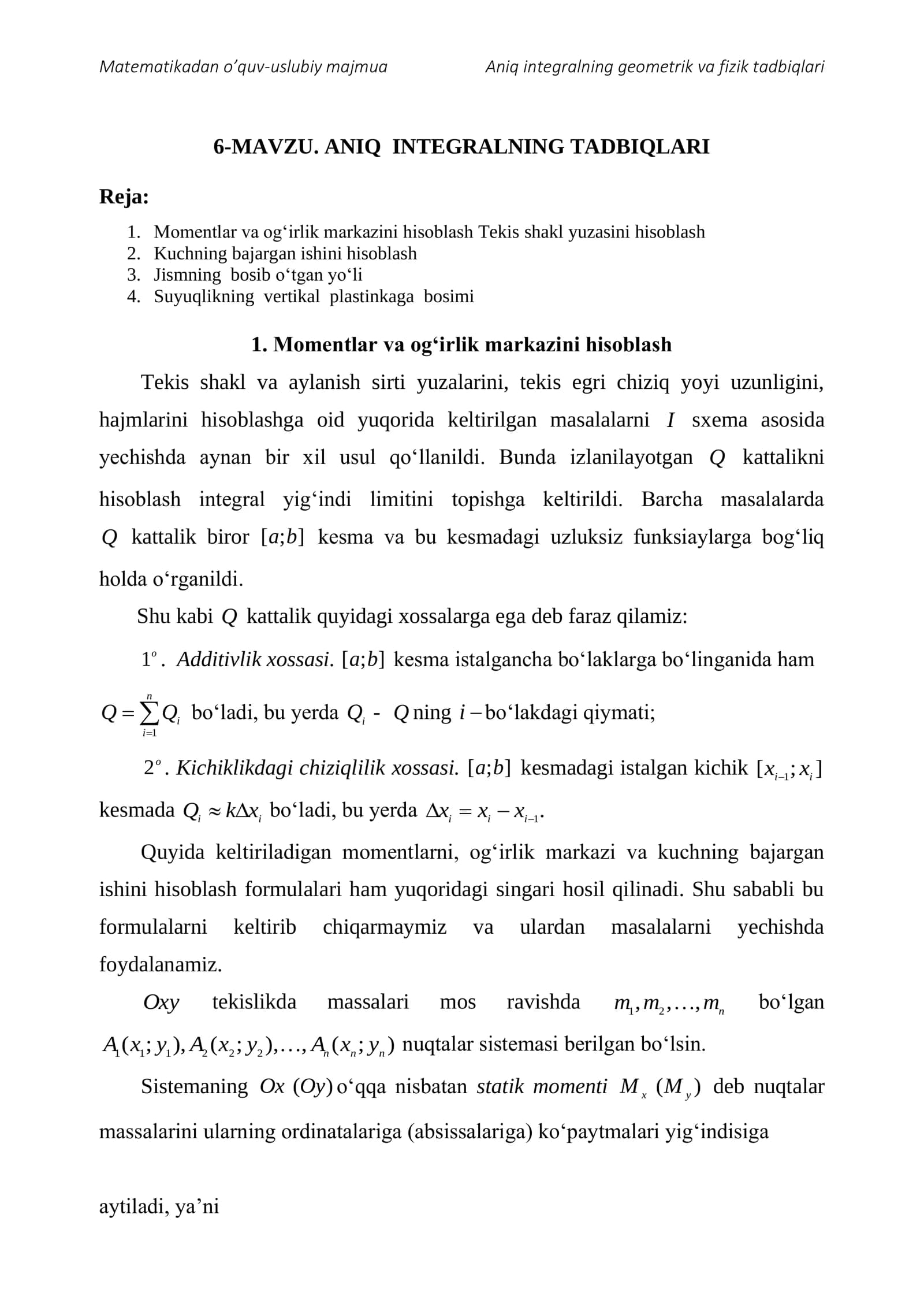 Aniq integralning tadbiqlari