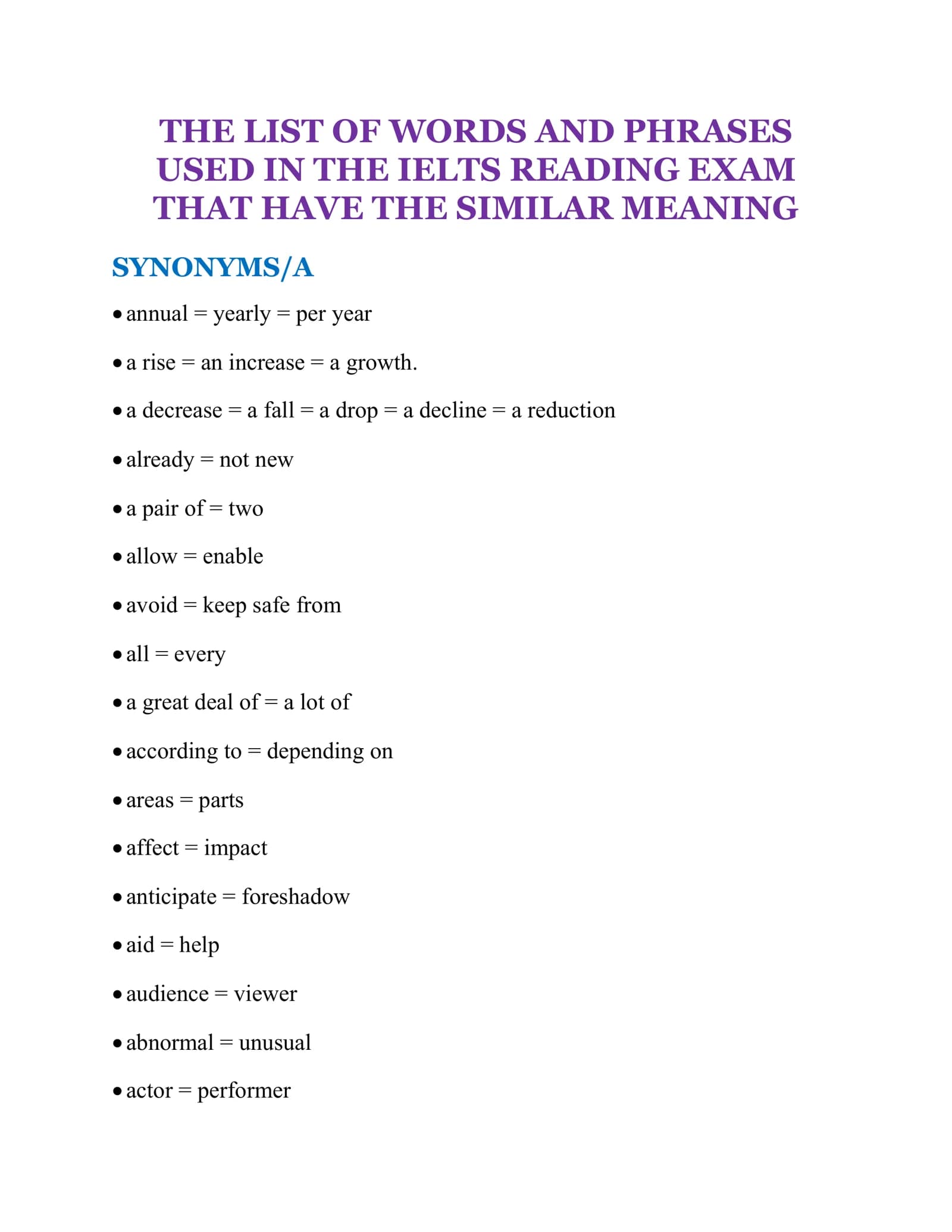 LIST OF WORDS AND PHRASES IN IELTS READING