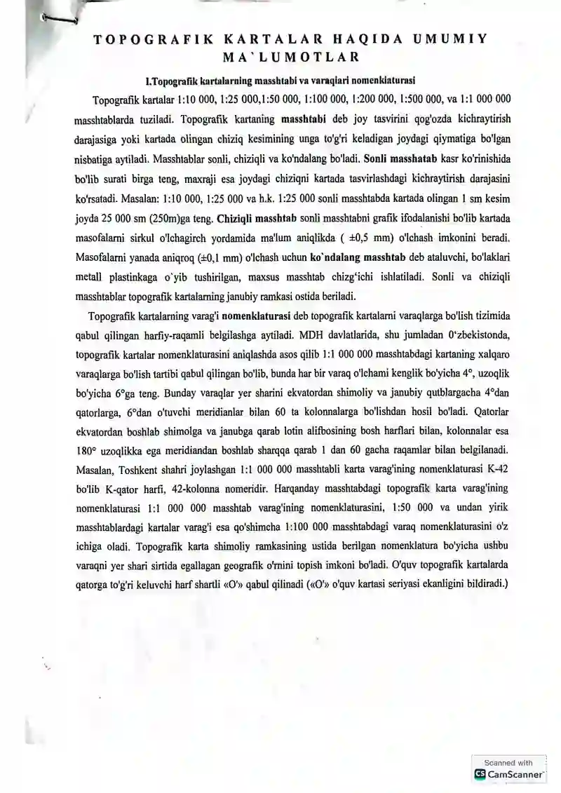 TOPOGRAFIK KARTALAR HAQIDA UMUMIY MA'LUMOTLAR