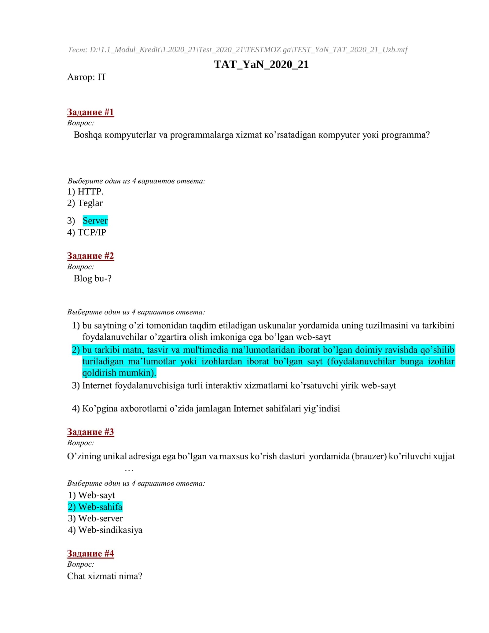 Axborot texnologiyalar fanidan testlar TATU