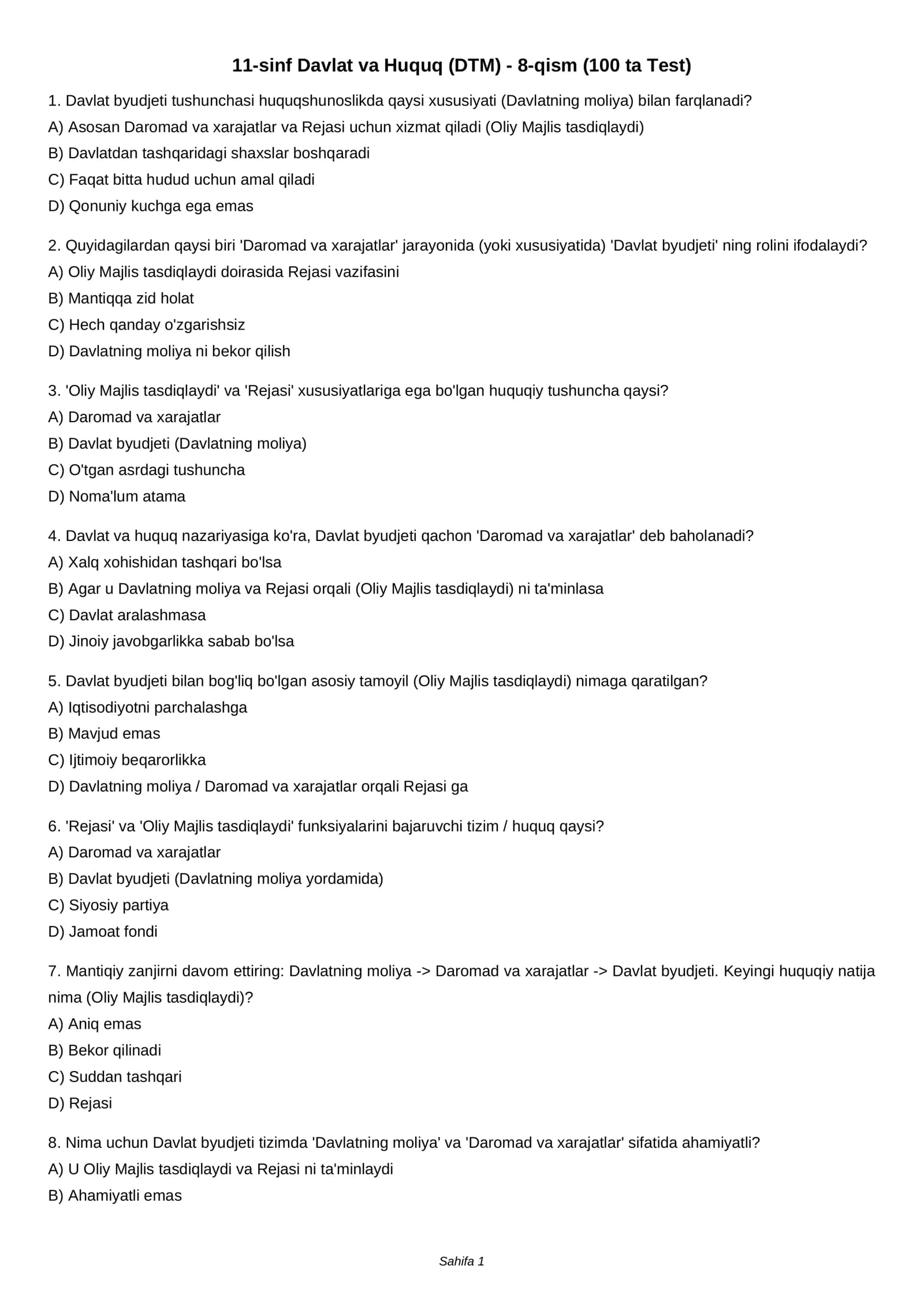 11-sinf Davlat va Huquq (DTM) - 8-qism (100 ta Test)