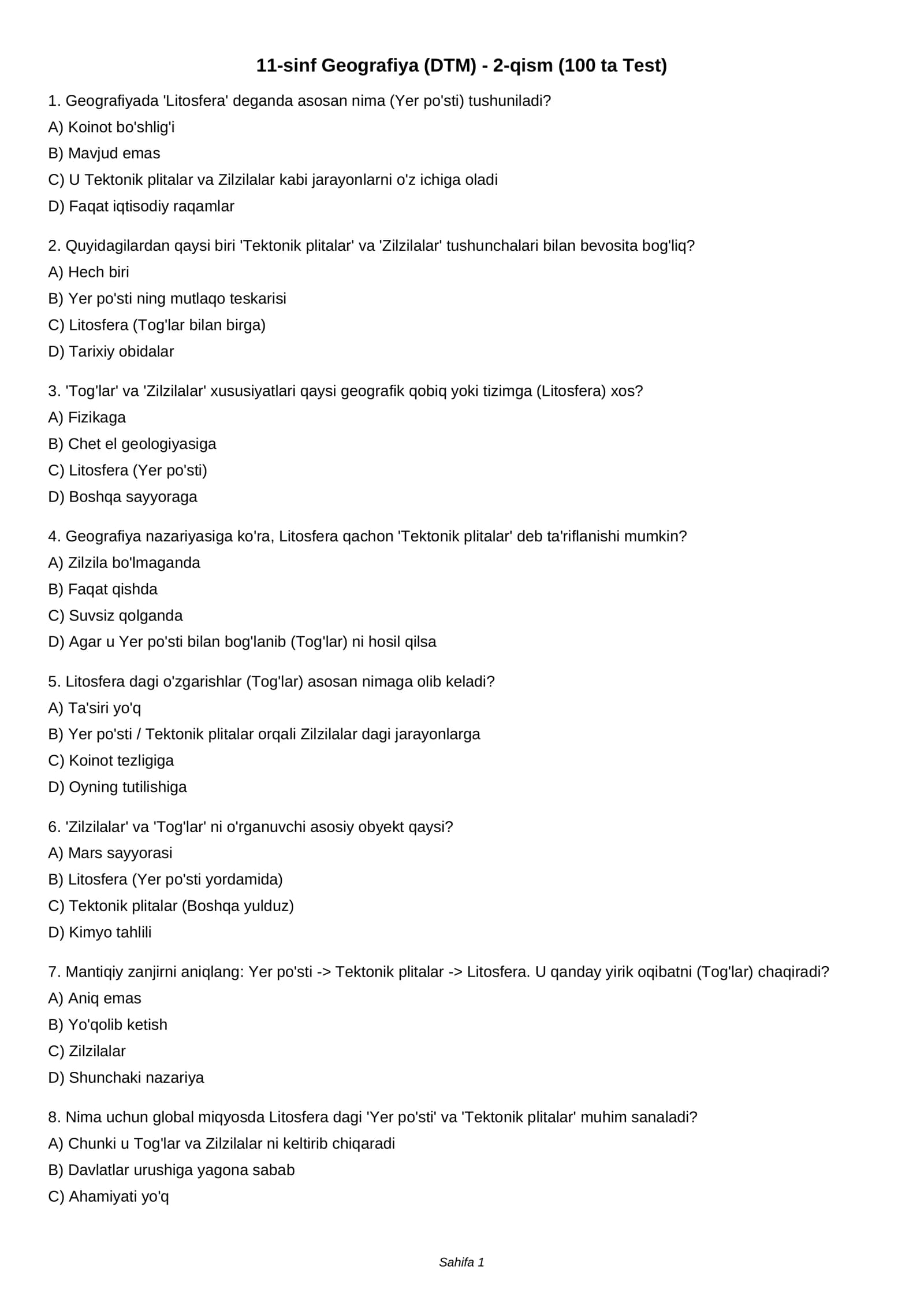 11-sinf Geografiya (DTM) - 2-qism (100 ta Test)