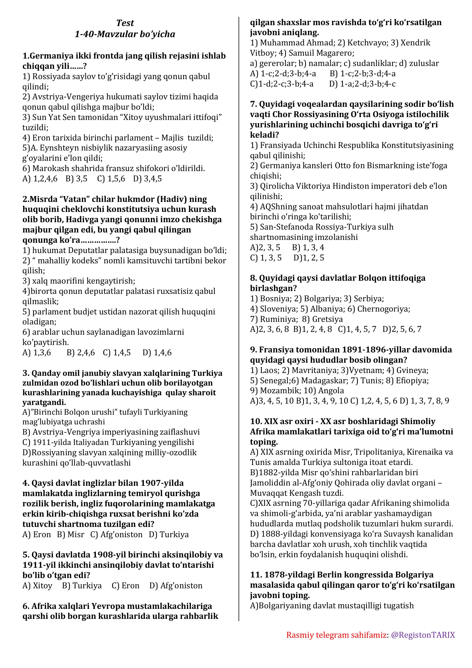 Mavzu: Test 1-40