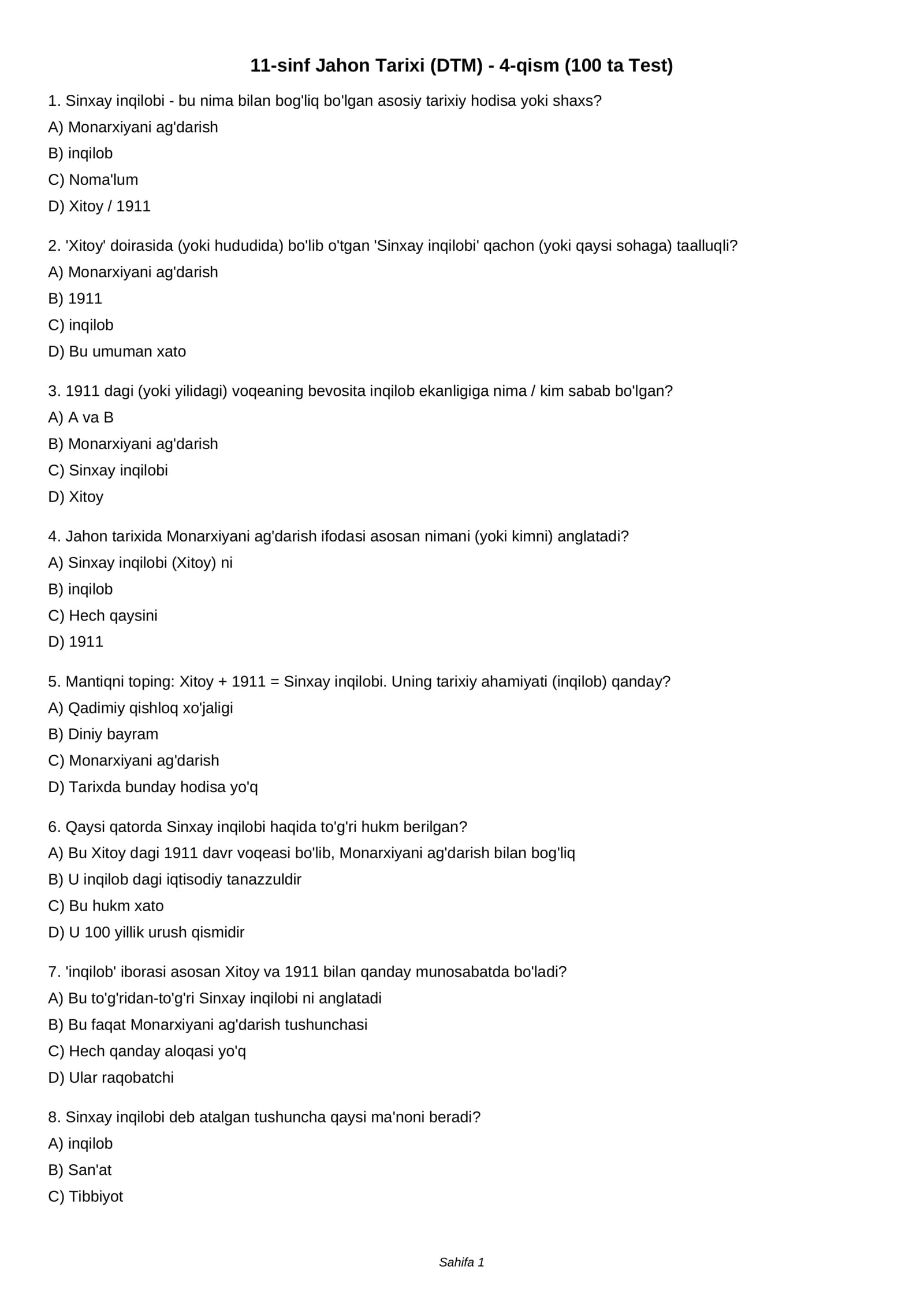 11-sinf Jahon Tarixi (DTM) - 4-qism (100 ta Test)
