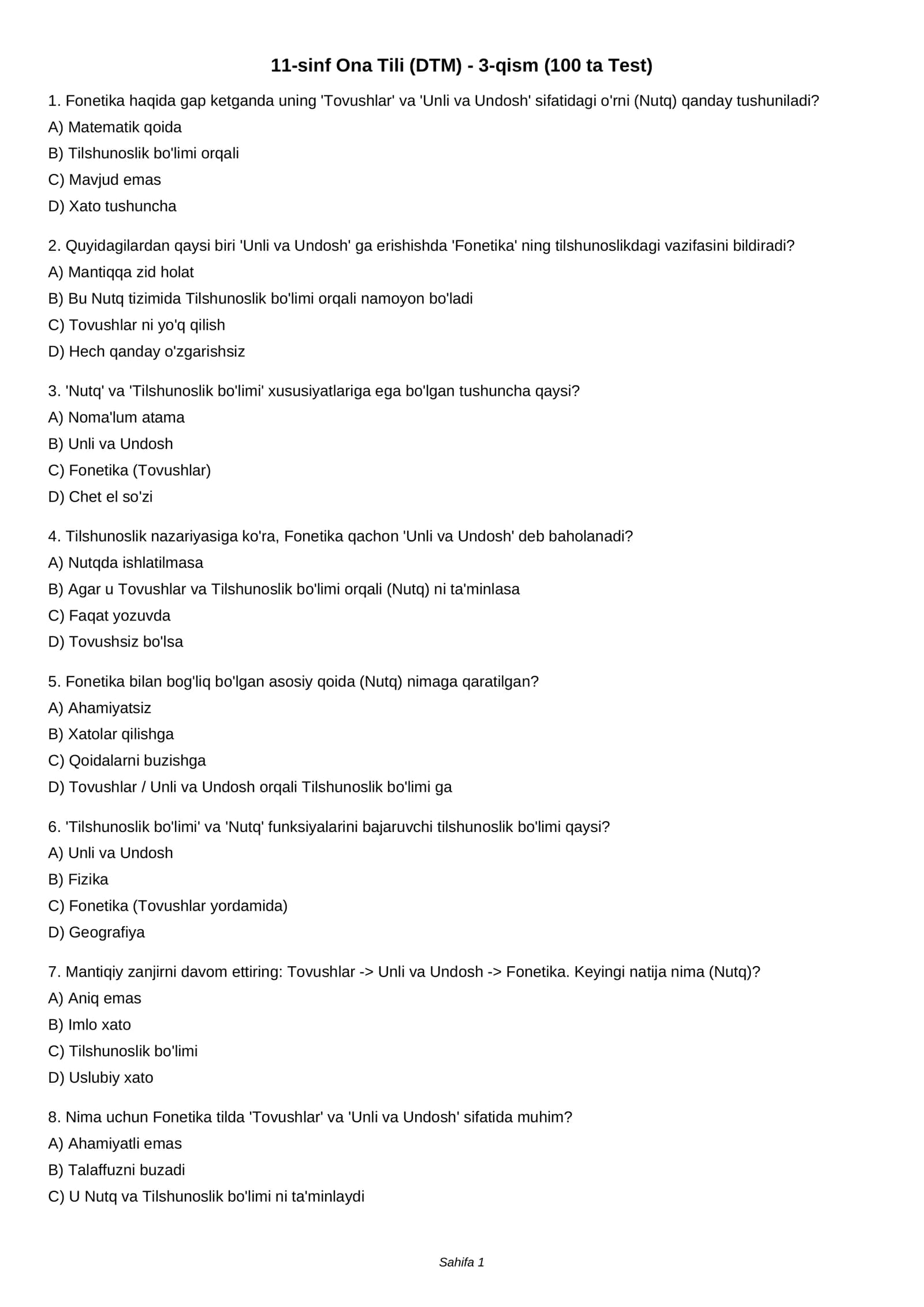 11-sinf Ona Tili (DTM) - 3-qism (100 ta Test)