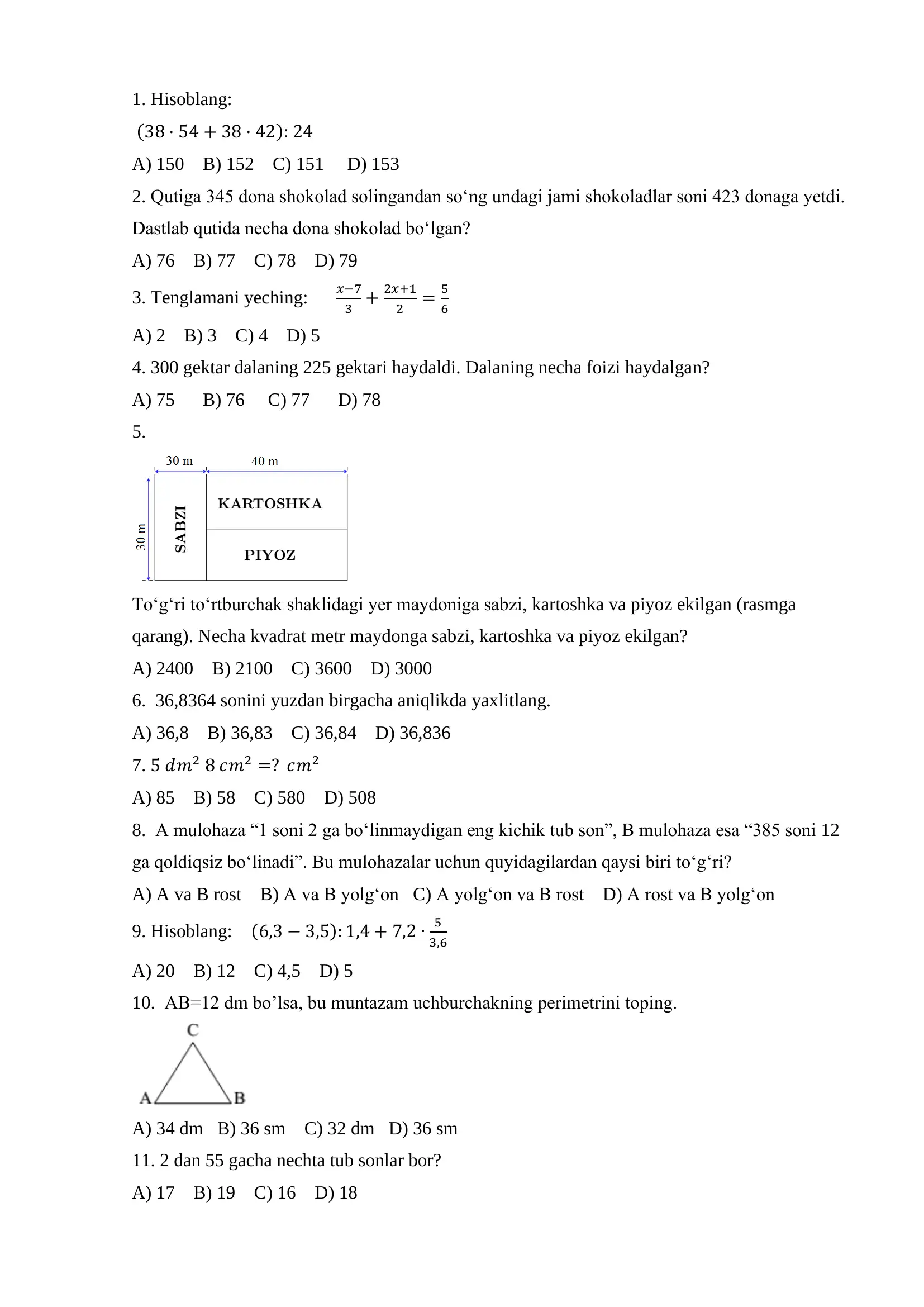 Majburiy matematikadan test