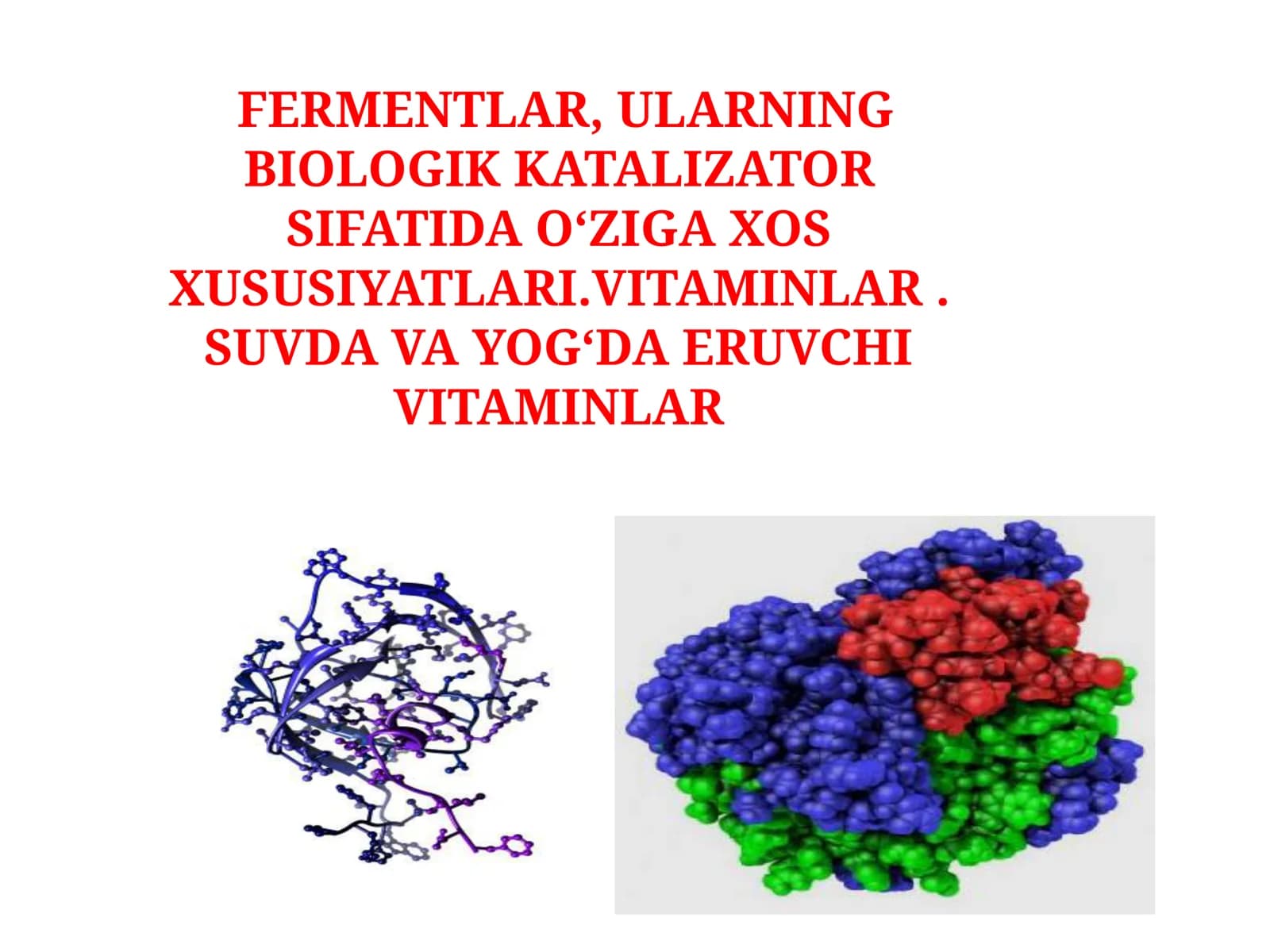 FERMENTLAR, ULARNING BIOLOGIK KATALIZATOR SIFATIDA OʻZIGA XOS XUSUSIYATLARI.VITAMINLAR.SUVDA VA YOGʻDA ERUVCHI VITAMINLAR