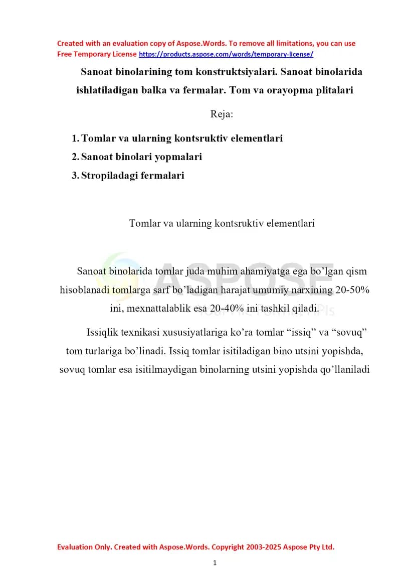 Sanoat binolarining tom konstruktsiyalari