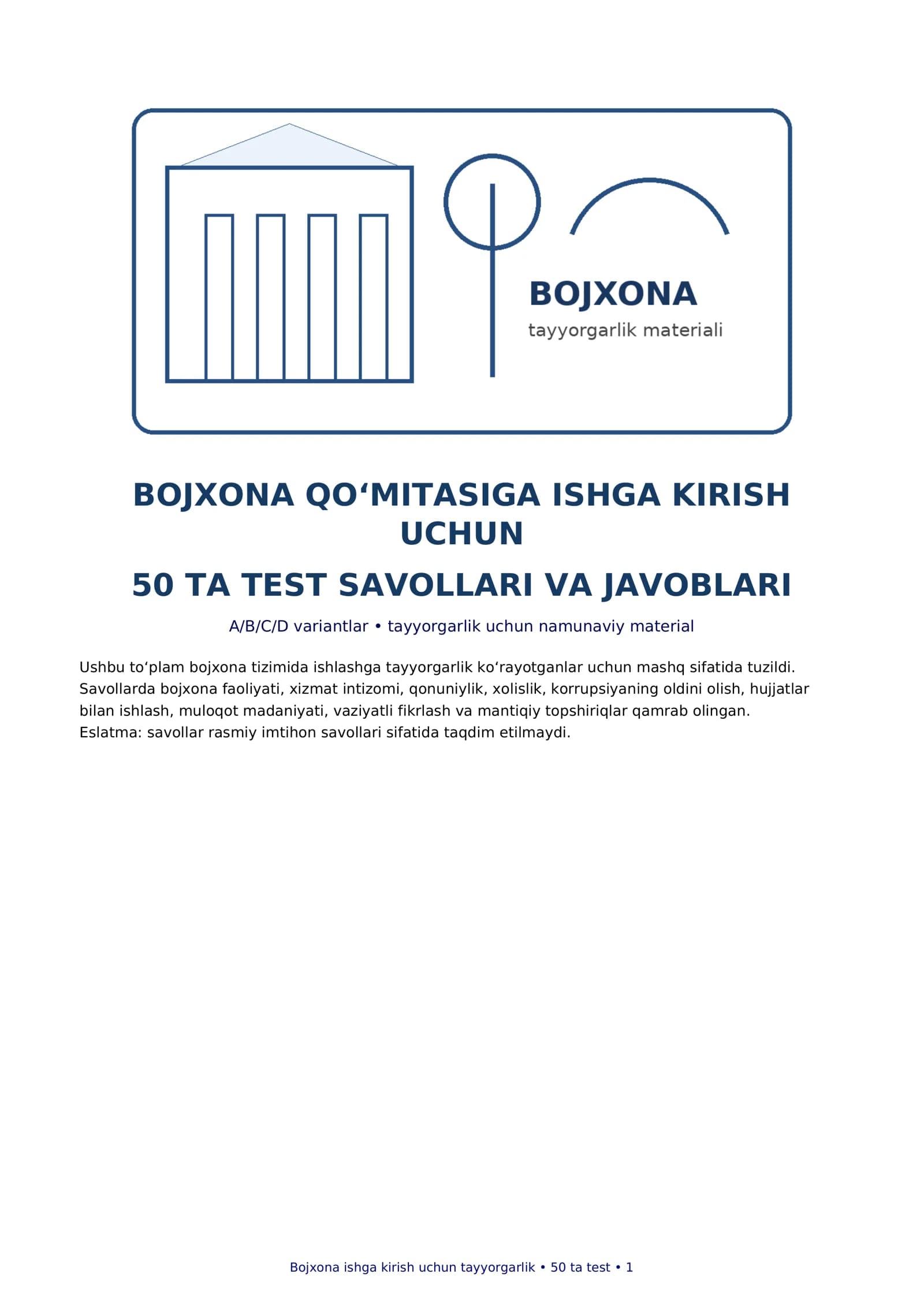Bojxona qo‘mitasiga ishga kirish uchun  test savollari va javoblari