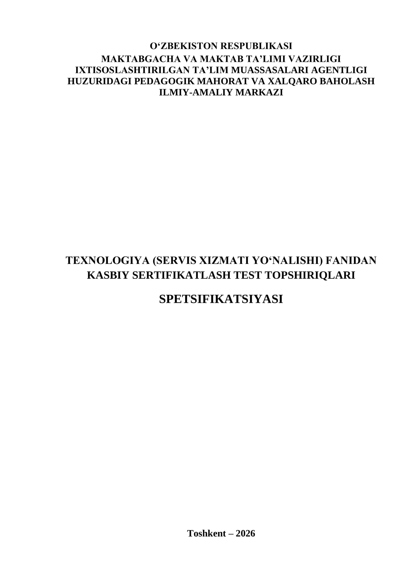 KASBIY SERTIFIKATLASH TEST TOPSHIRIQLARI