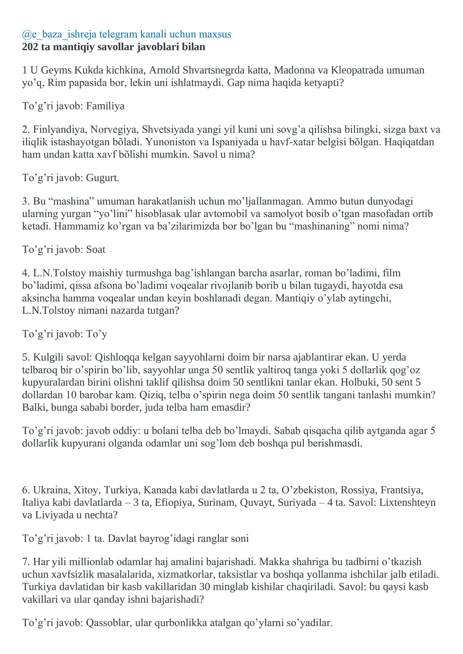 Mantiqiy savollar javoblari