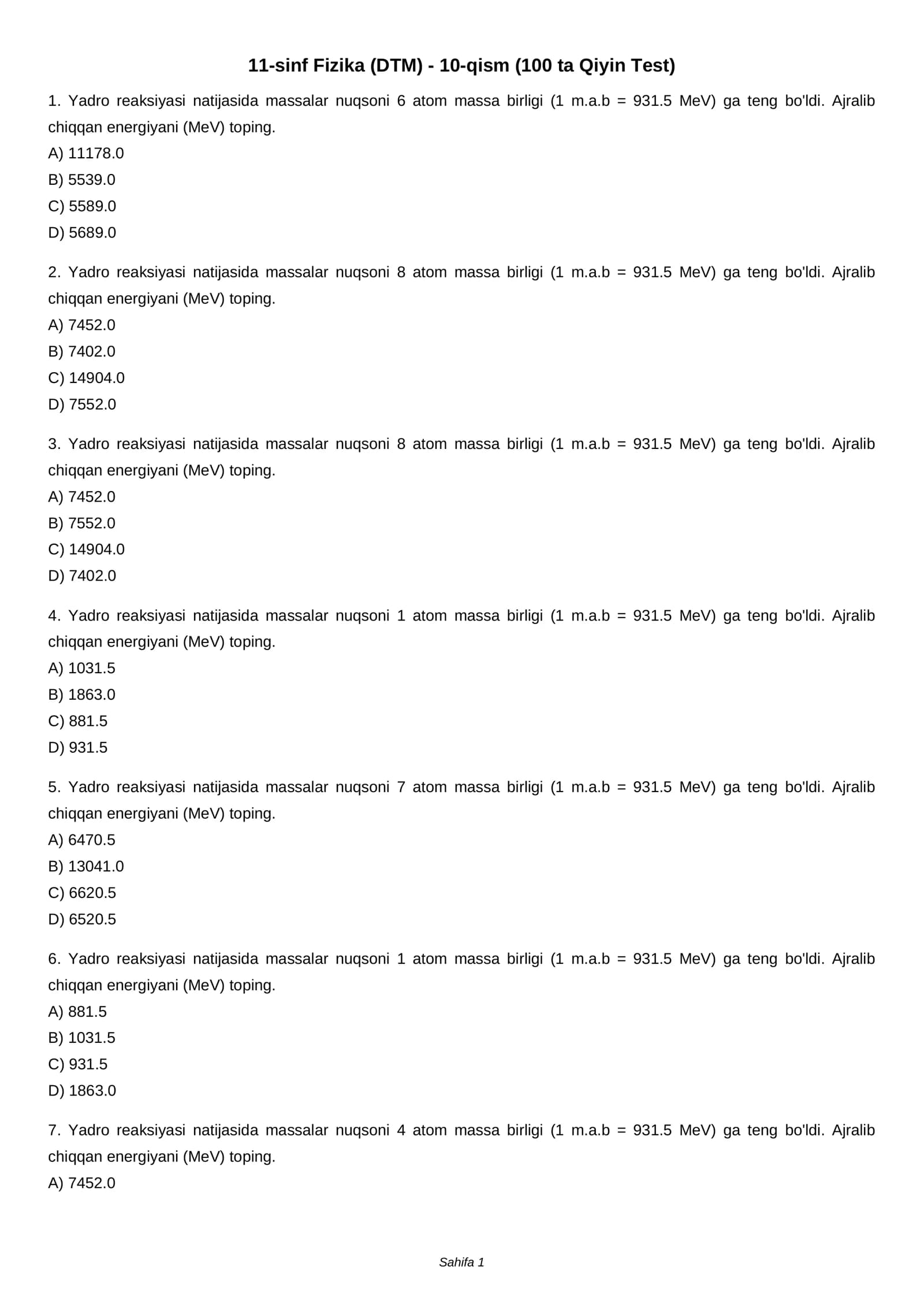 11-sinf Fizika (DTM) - 10-qism (100 ta Qiyin Test)