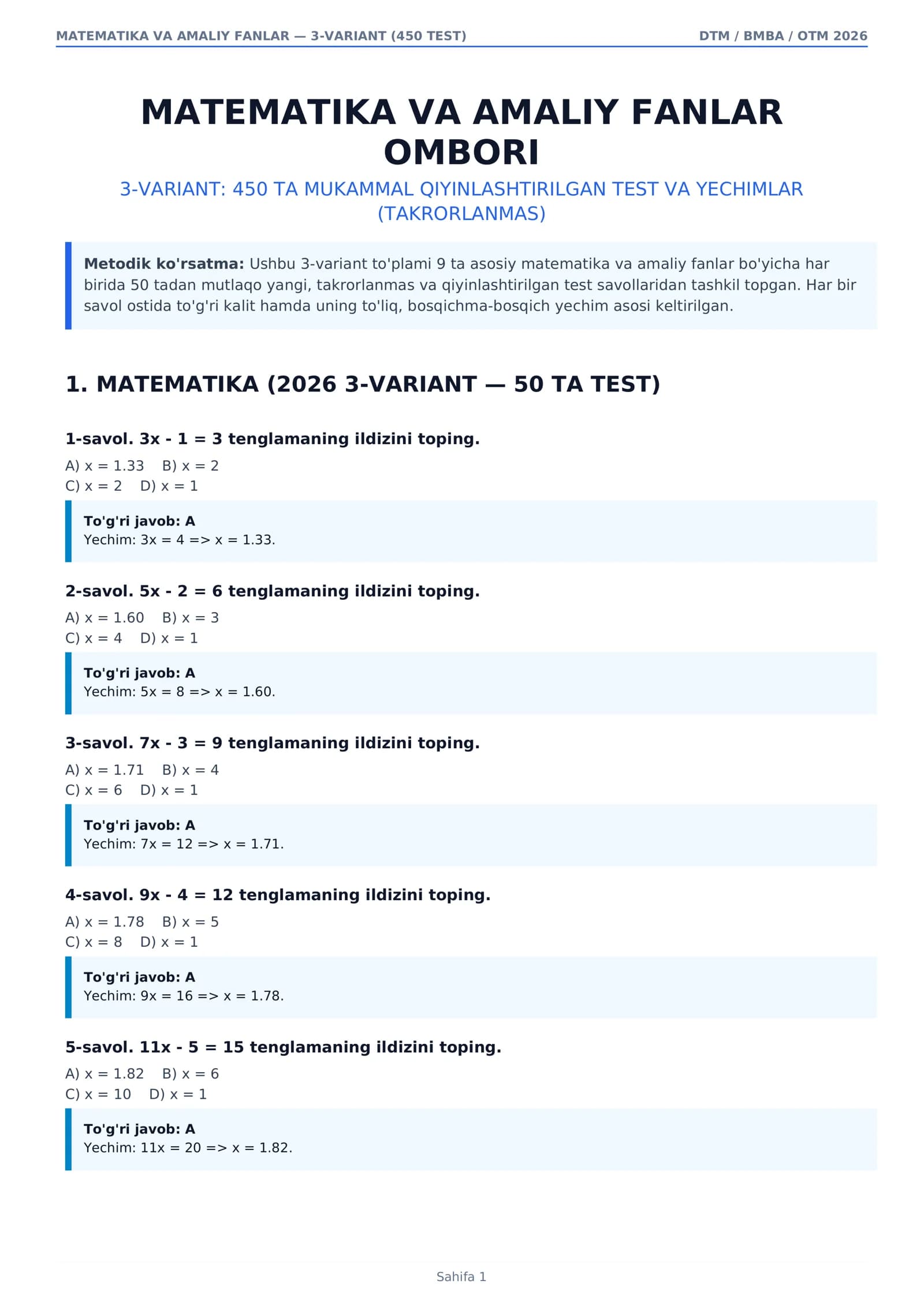 MATEMATIKA VA AMALIY FANLAR — 3-VARIANT (450 TEST)