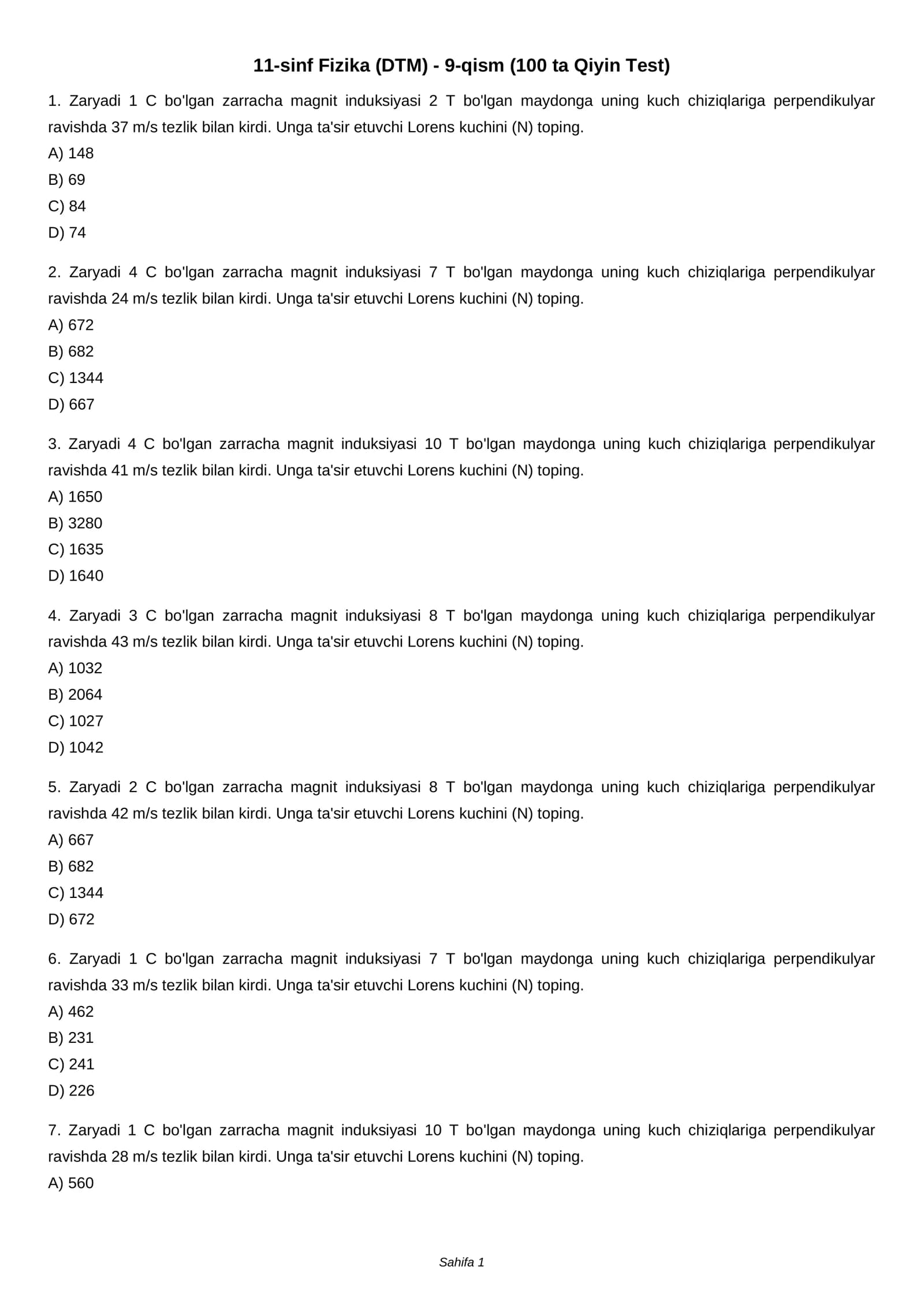 11-sinf Fizika (DTM) - 9-qism (100 ta Qiyin Test)