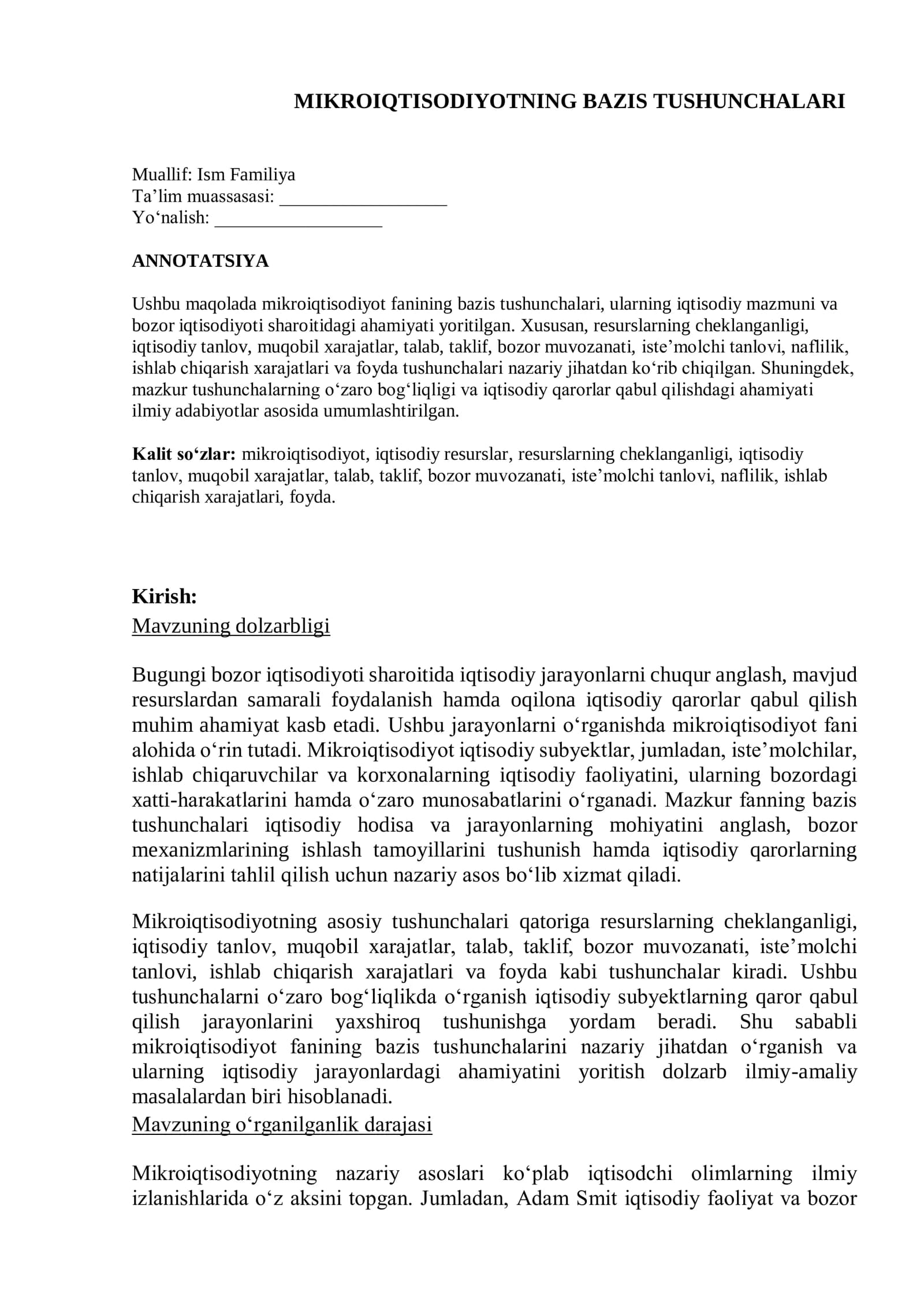 “Mikroiqtisodiyotning bazis tushunchalari — ilmiy maqola”