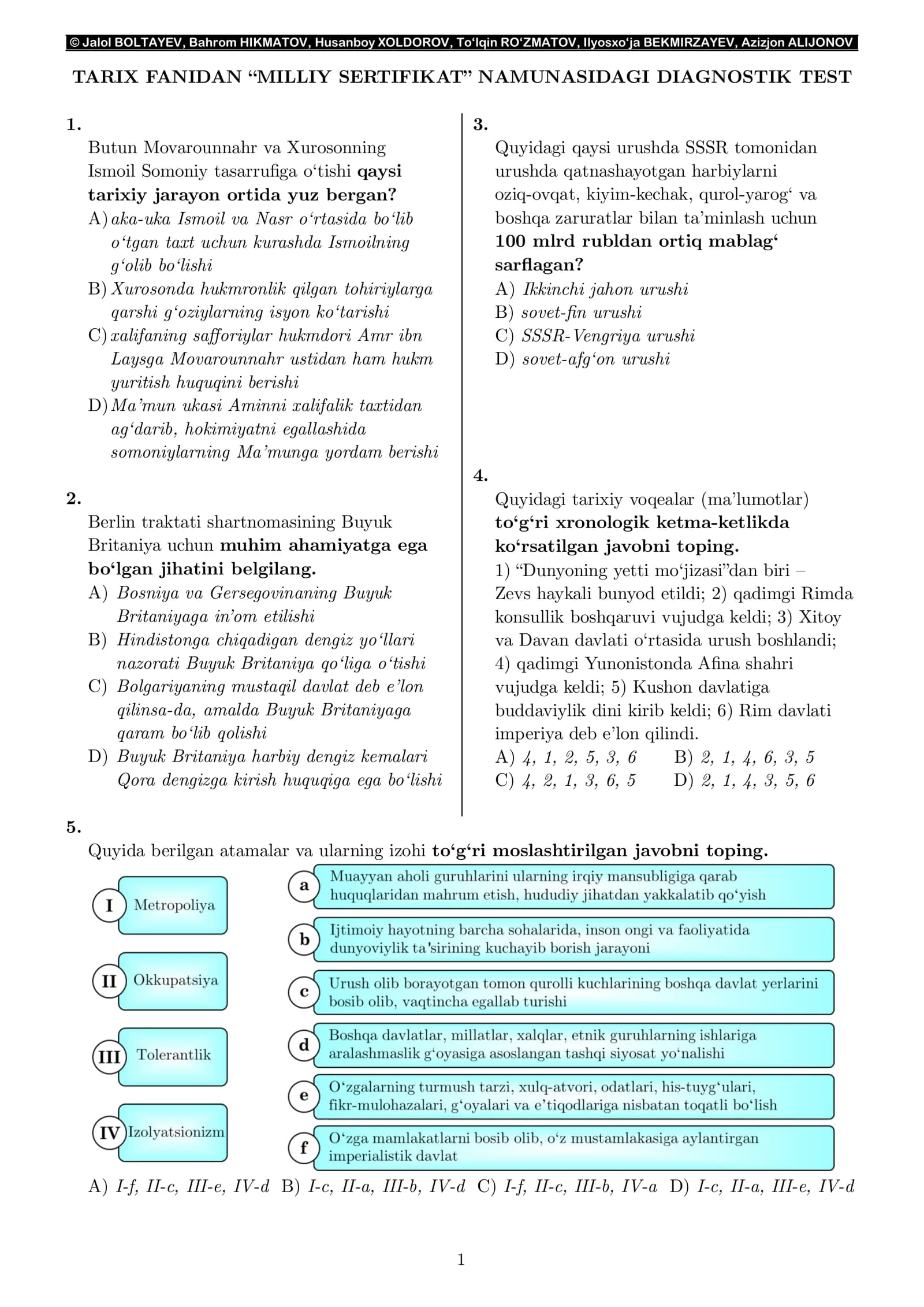 “MILLIY SERTIFIKAT” NAMUNASIDAGI DIAGNOSTIK TEST