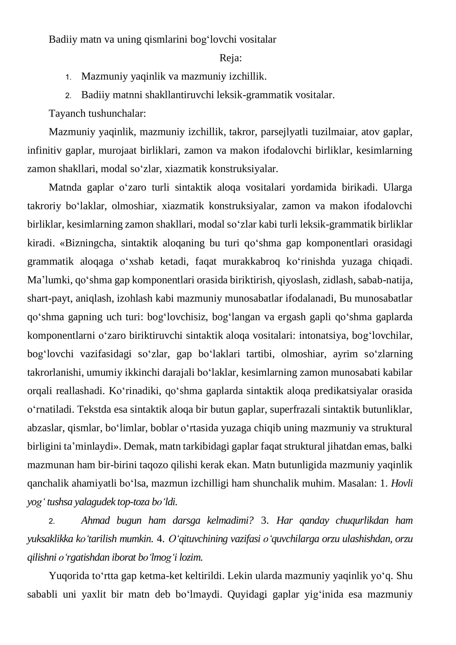Badiiy matn va uning qismlarini bog‘lovchi vositalar