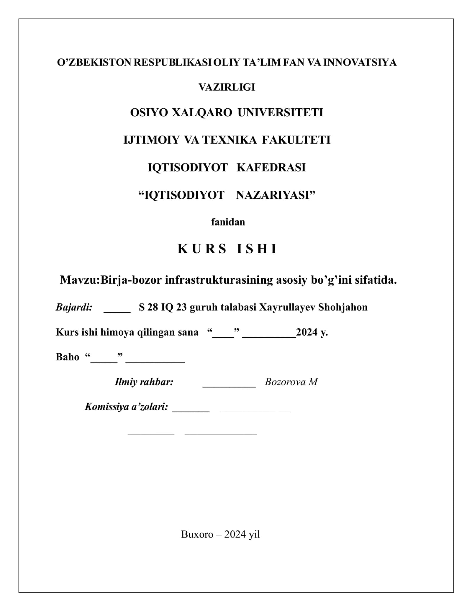 Birja-bozor infrastrukturasining asosiy bo’g’ini sifatida