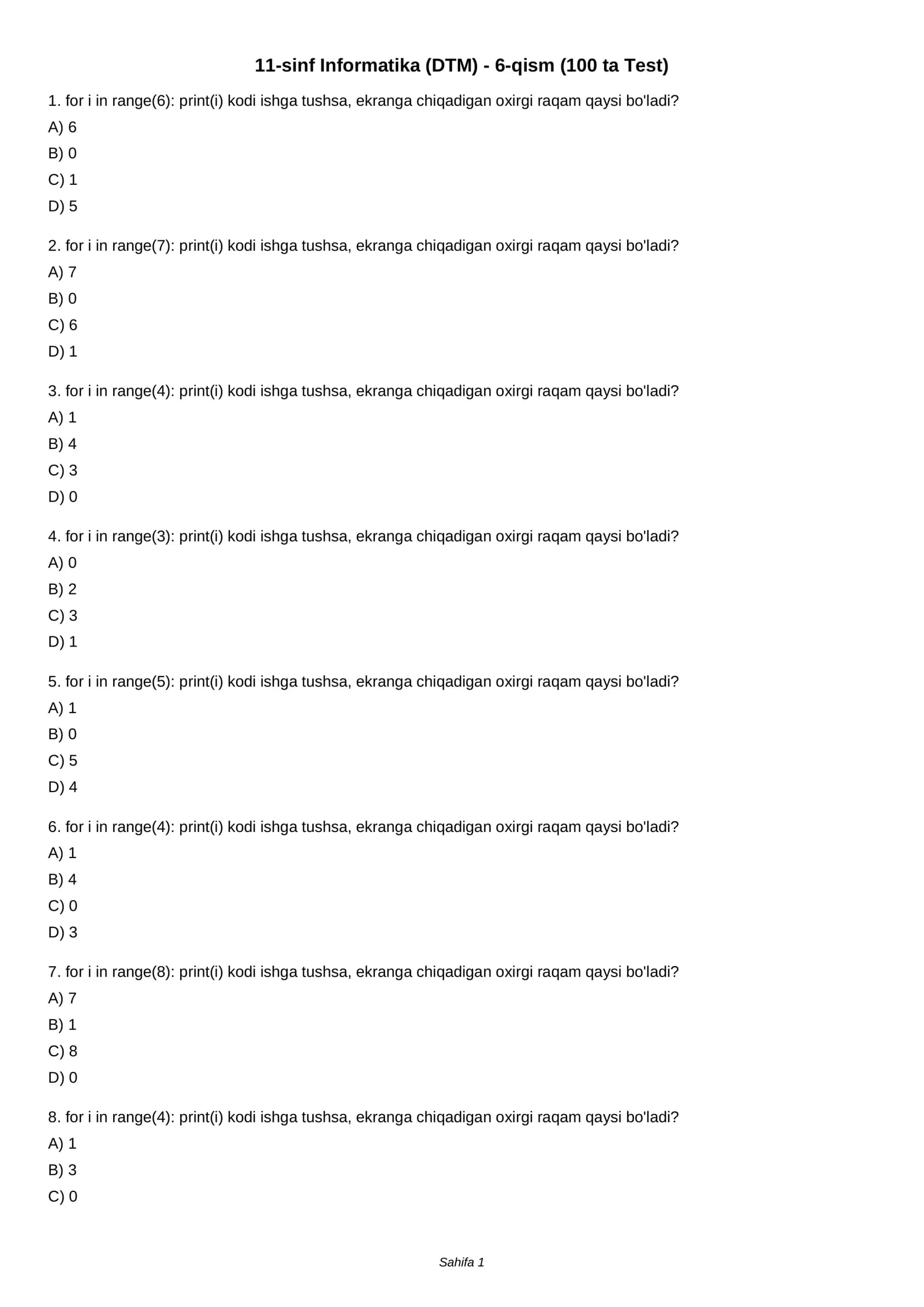 11-sinf Informatika (DTM) - 6-qism (100 ta Test)
