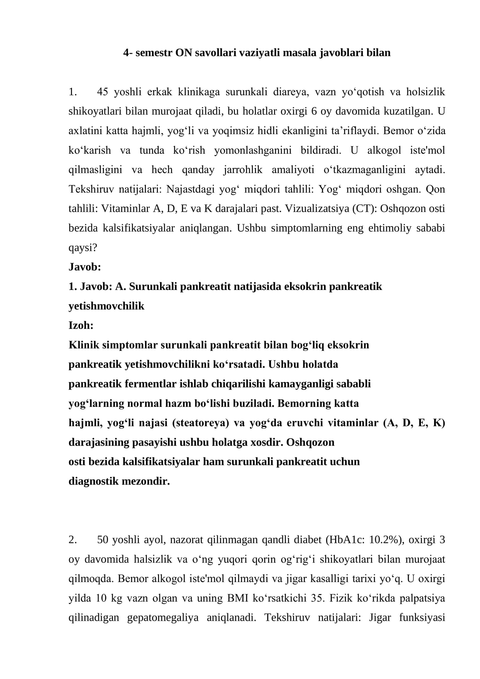 4- semestr ON savollari vaziyatli masala javoblari bilan