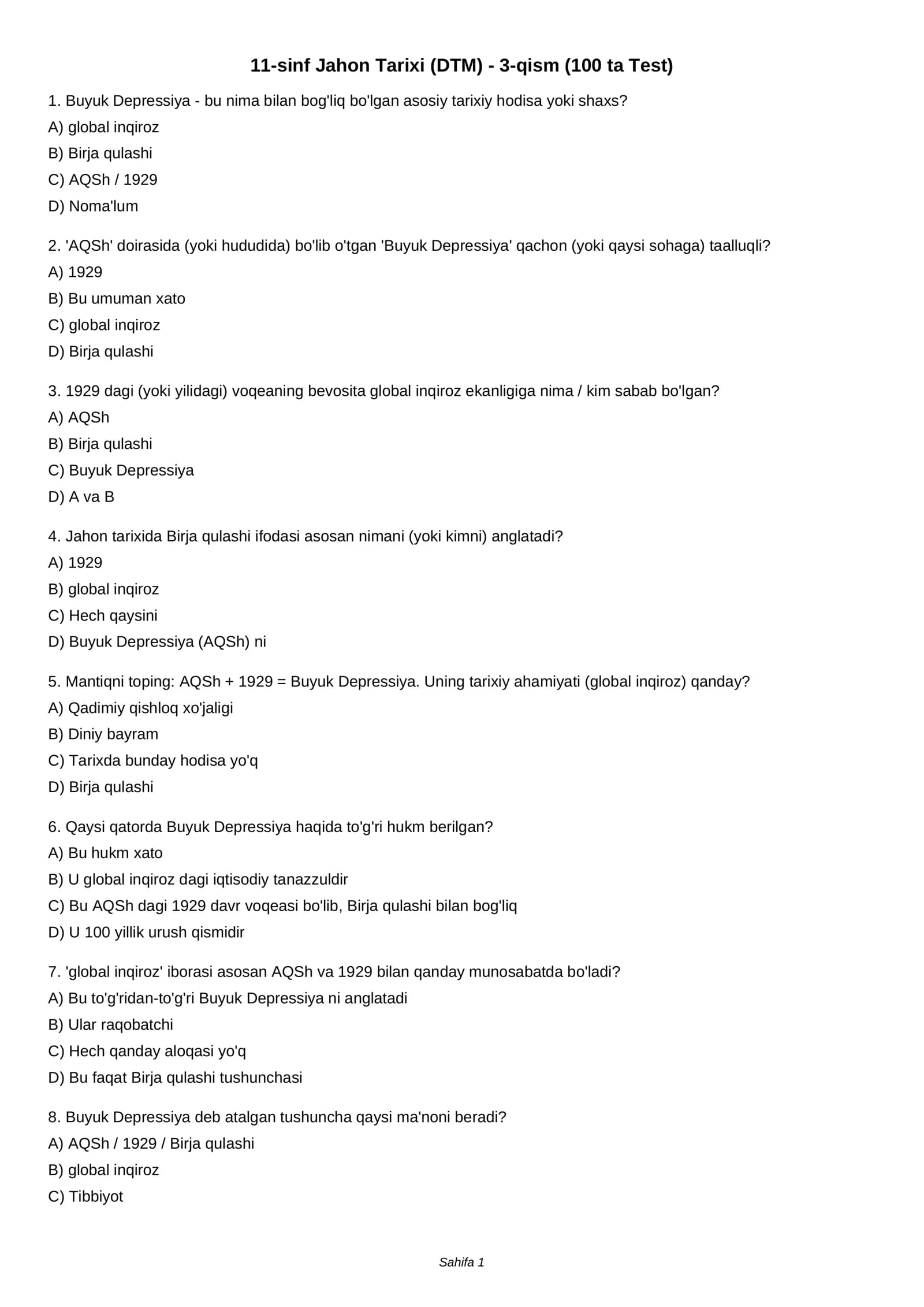 11-sinf Jahon Tarixi (DTM) - 3-qism (100 ta Test)