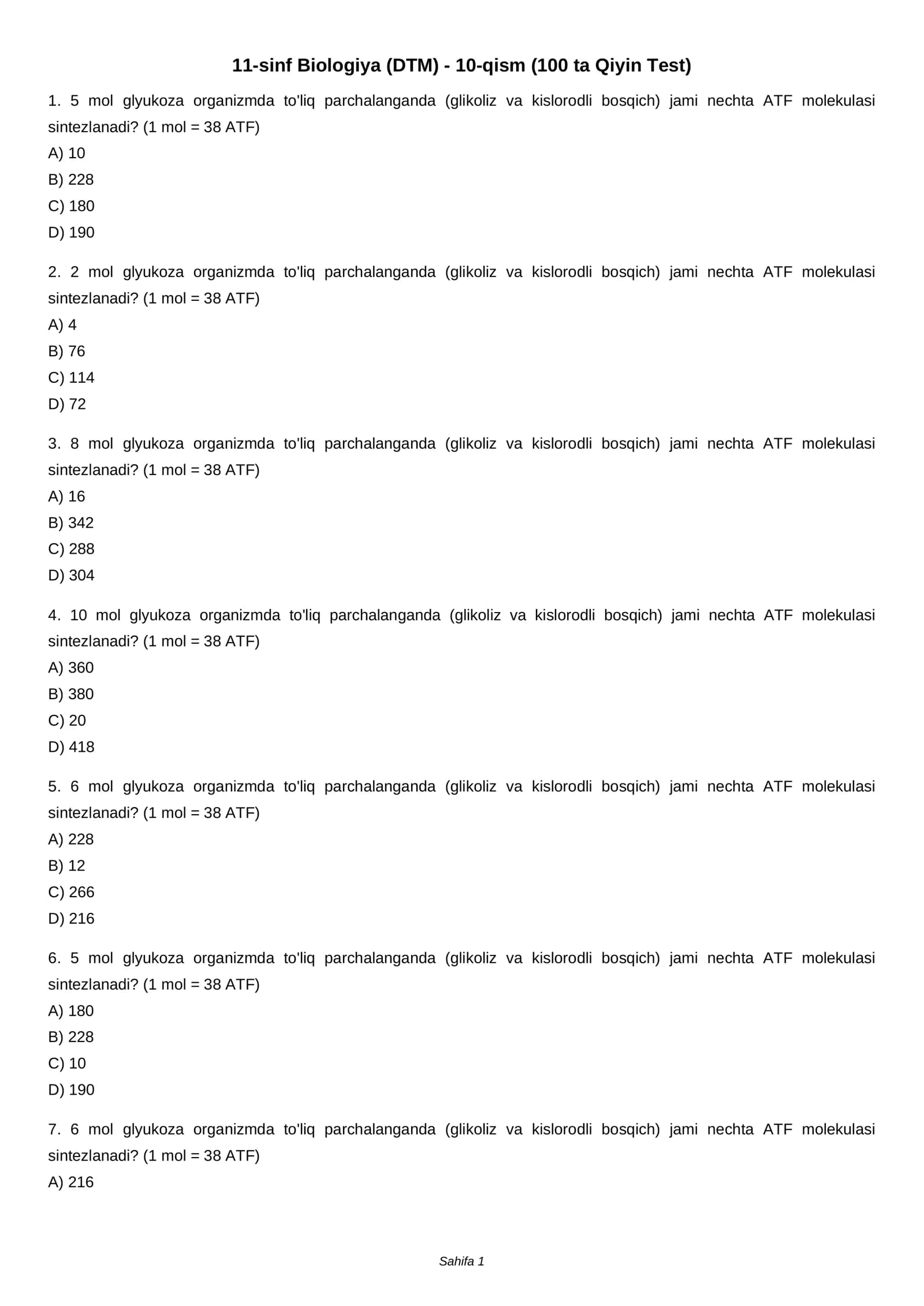 11-sinf Biologiya (DTM) - 10-qism (100 ta Qiyin Test)