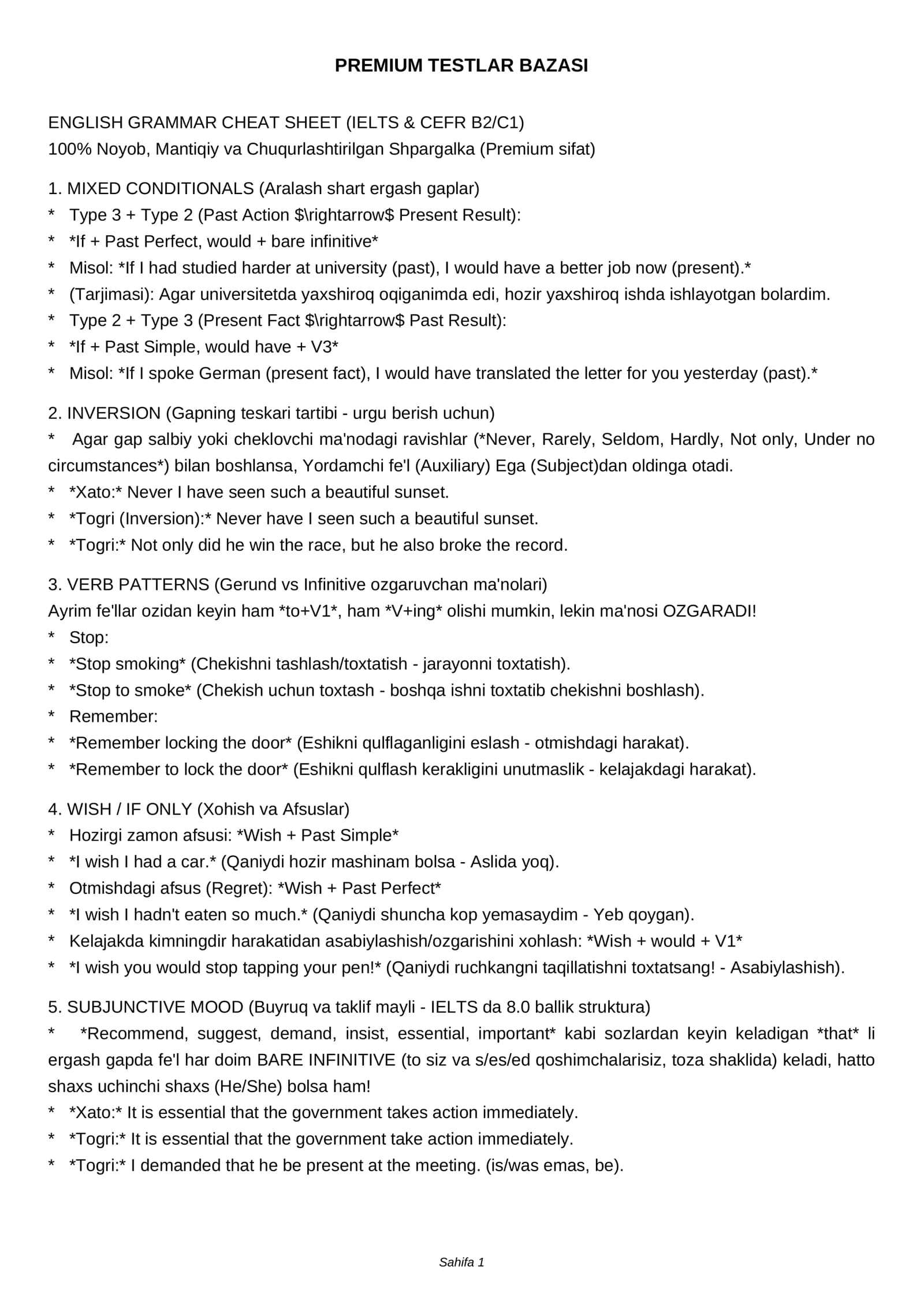 ENGLISH GRAMMAR CHEAT SHEET (IELTS & CEFR B2/C1)