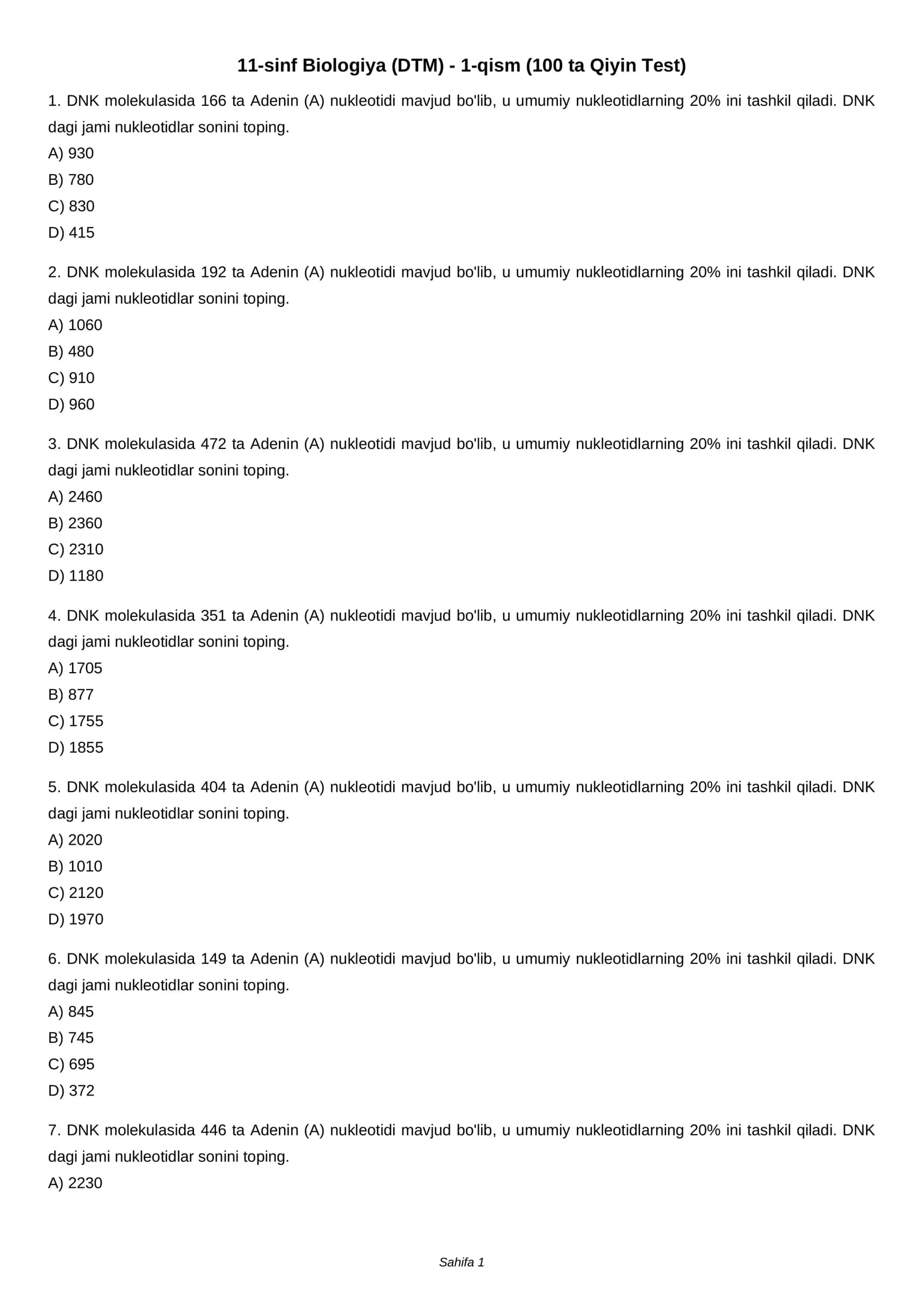 11-sinf Biologiya (DTM) - 1-qism (100 ta Qiyin Test)