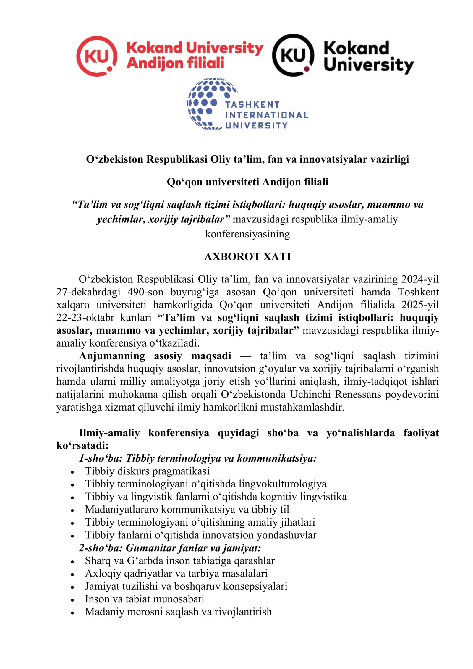 “Ta’lim va sog‘liqni saqlash tizimi istiqbollari: huquqiy asoslar, muammo va yechimlar, xorijiy tajribalar” mavzusidagi respublika ilmiy-amaliy konferensiya