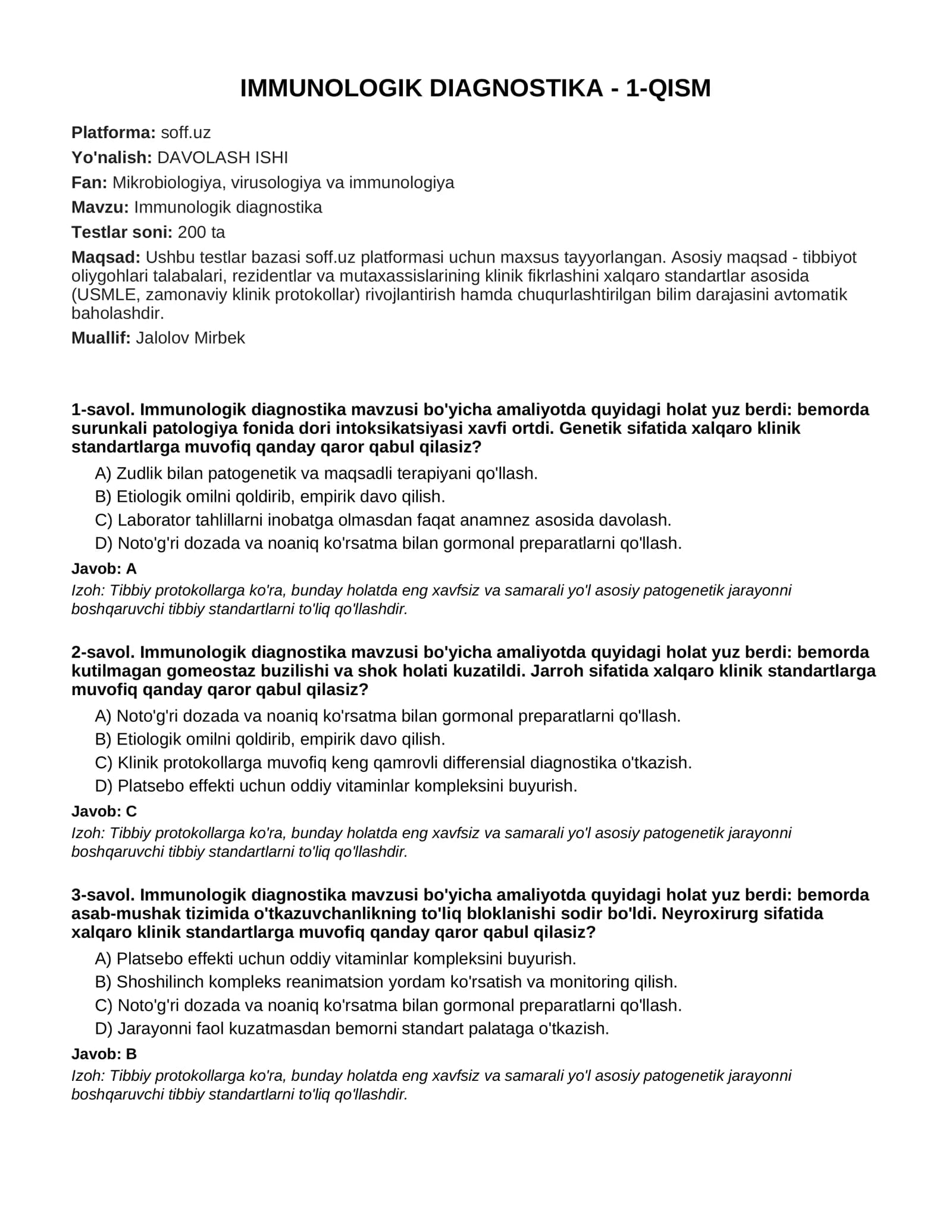 IMMUNOLOGIK DIAGNOSTIKA - 1-QISM